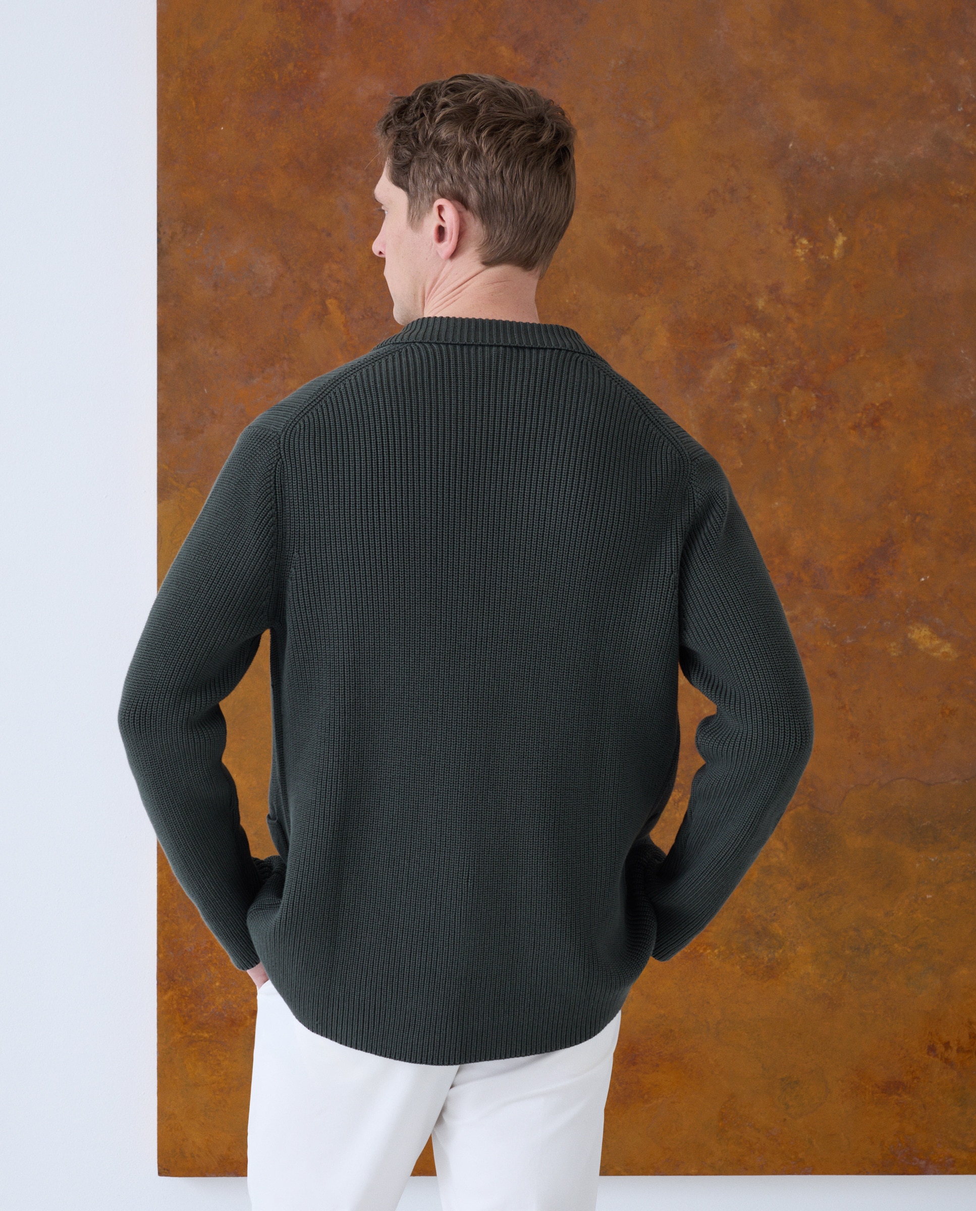 Cardigan de Malha Inglesa com Botões e Gola de Lapela Verde-escuro-4