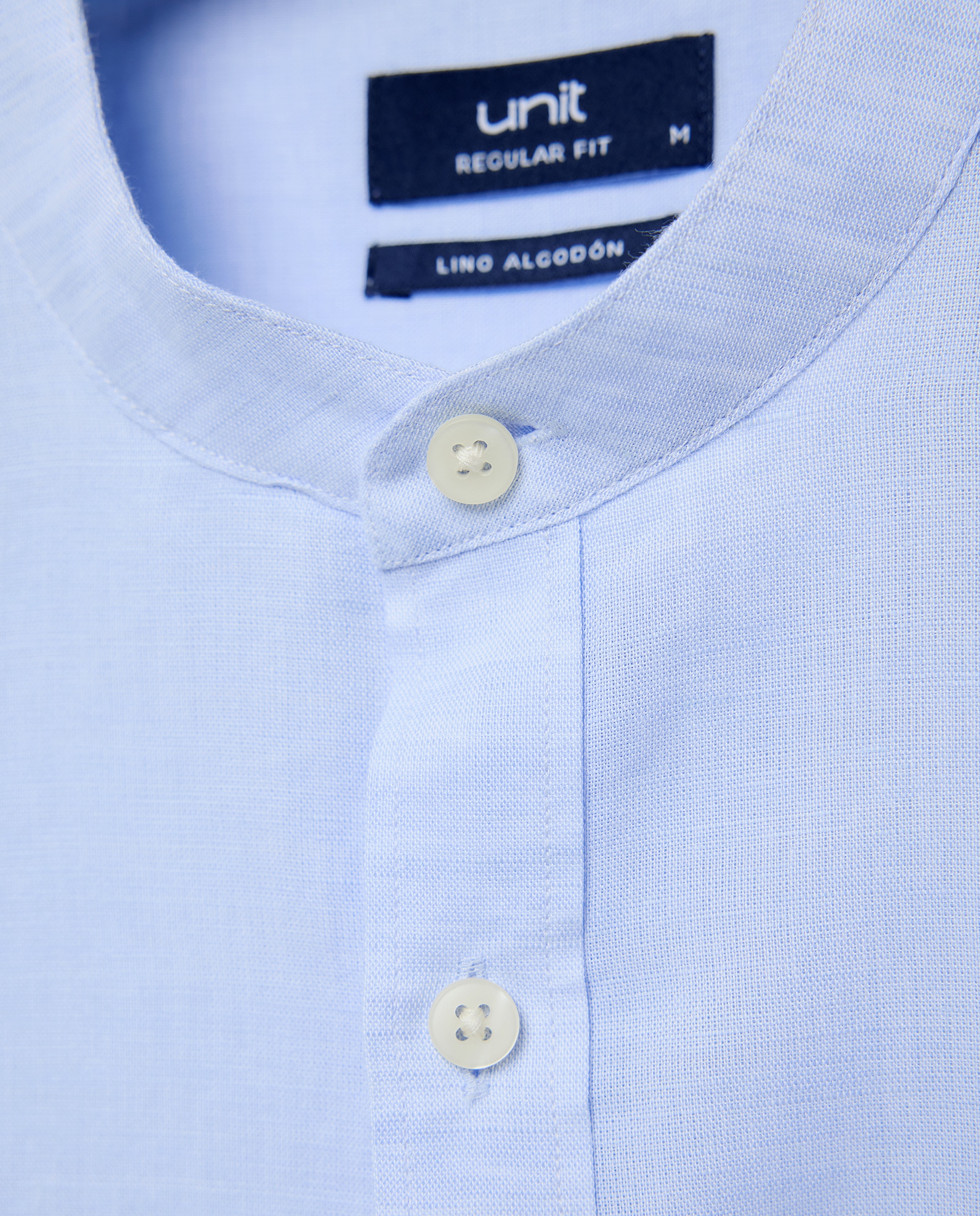 Camisa sport hombre lino y algodón lisa cuello mao 410 Azul claro-5
