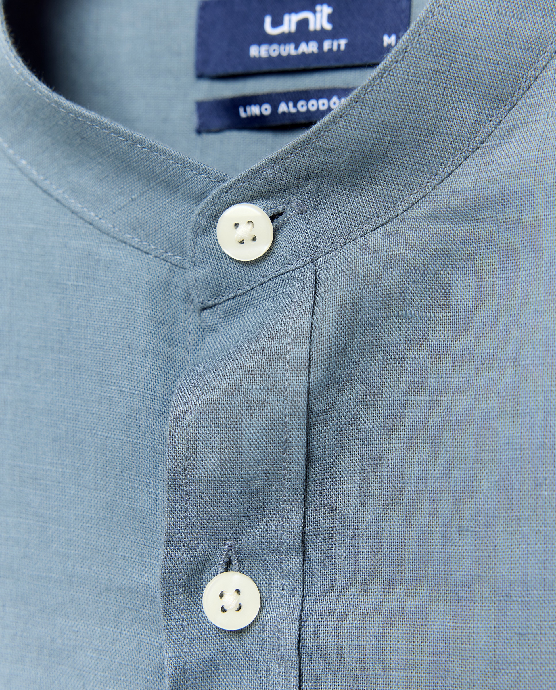 Camisa sport hombre lino y algodón lisa cuello mao 400 Azul-5