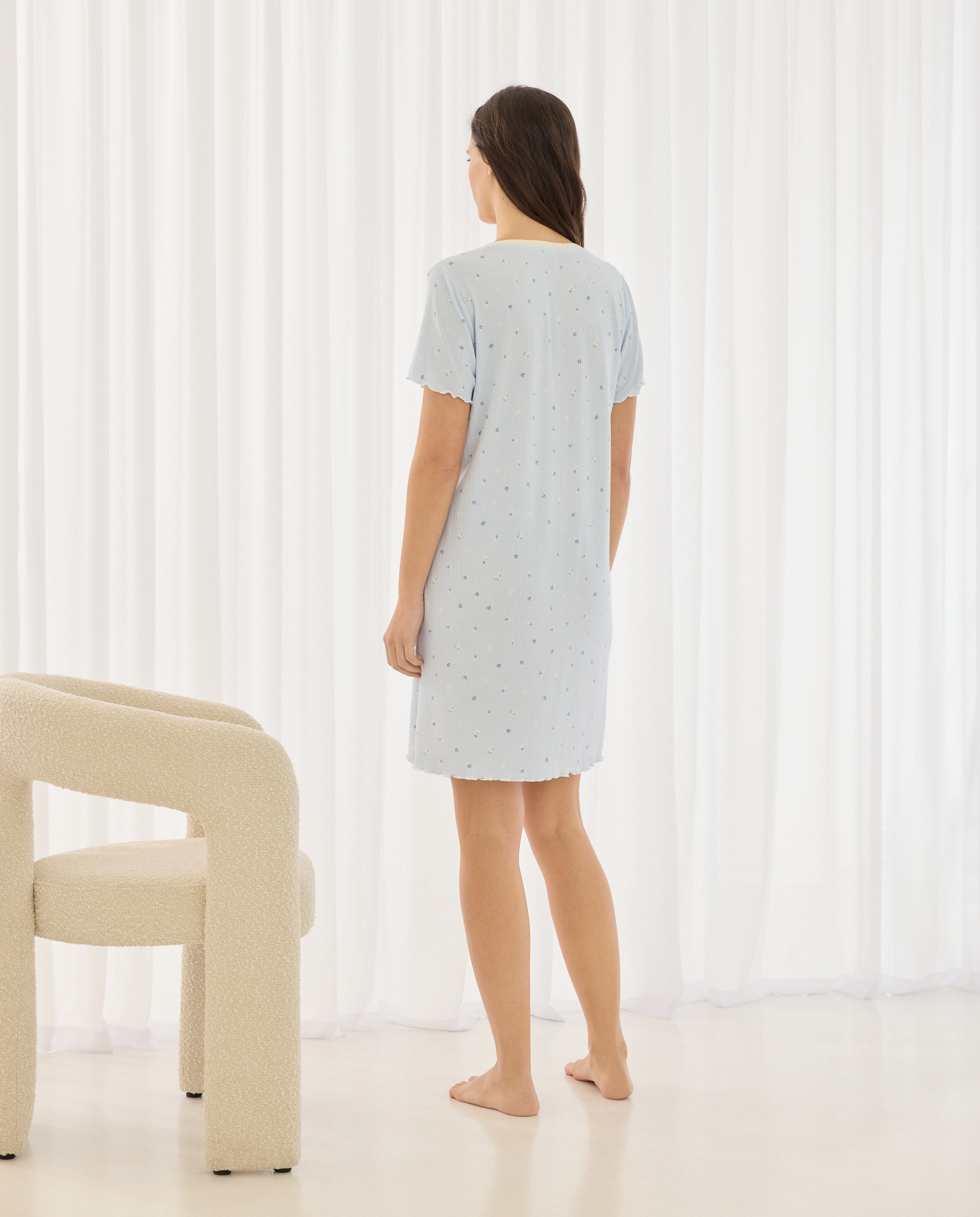 Camisa de Dormir Lisa com Decote em Bico 410 Azul Claro-2