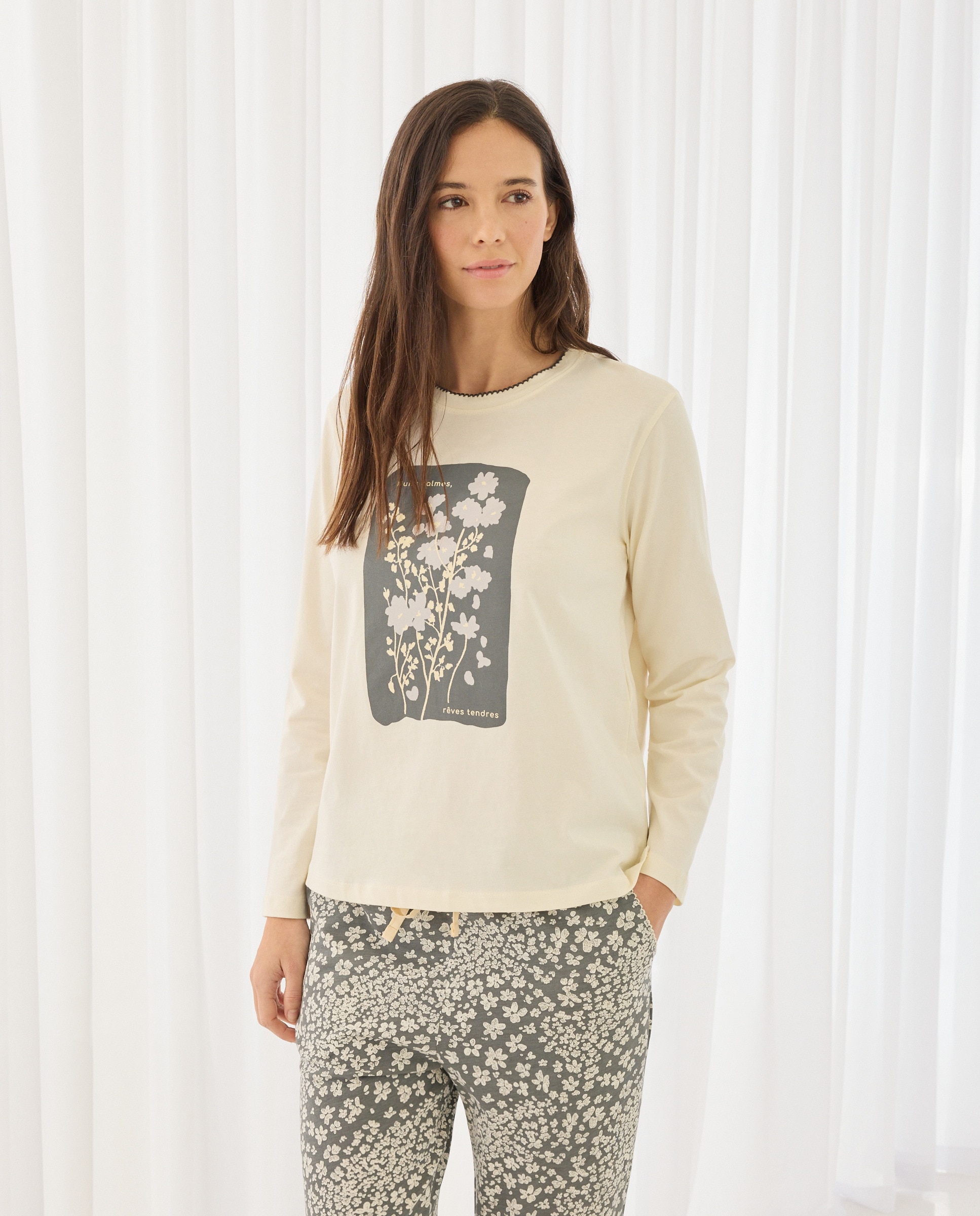 Camisola de Pijama com Detalhes de Piconela Rice Paper-1