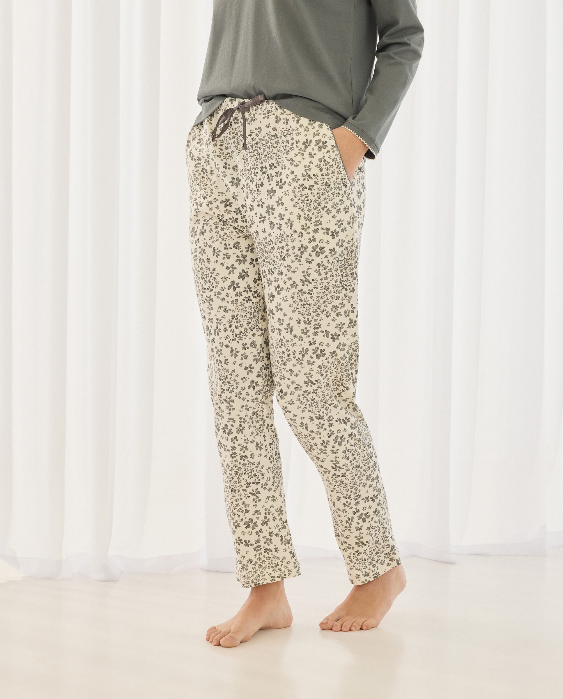 Calças de Pijama com Estampado Floral e Detalhes de Piconela Branco-2