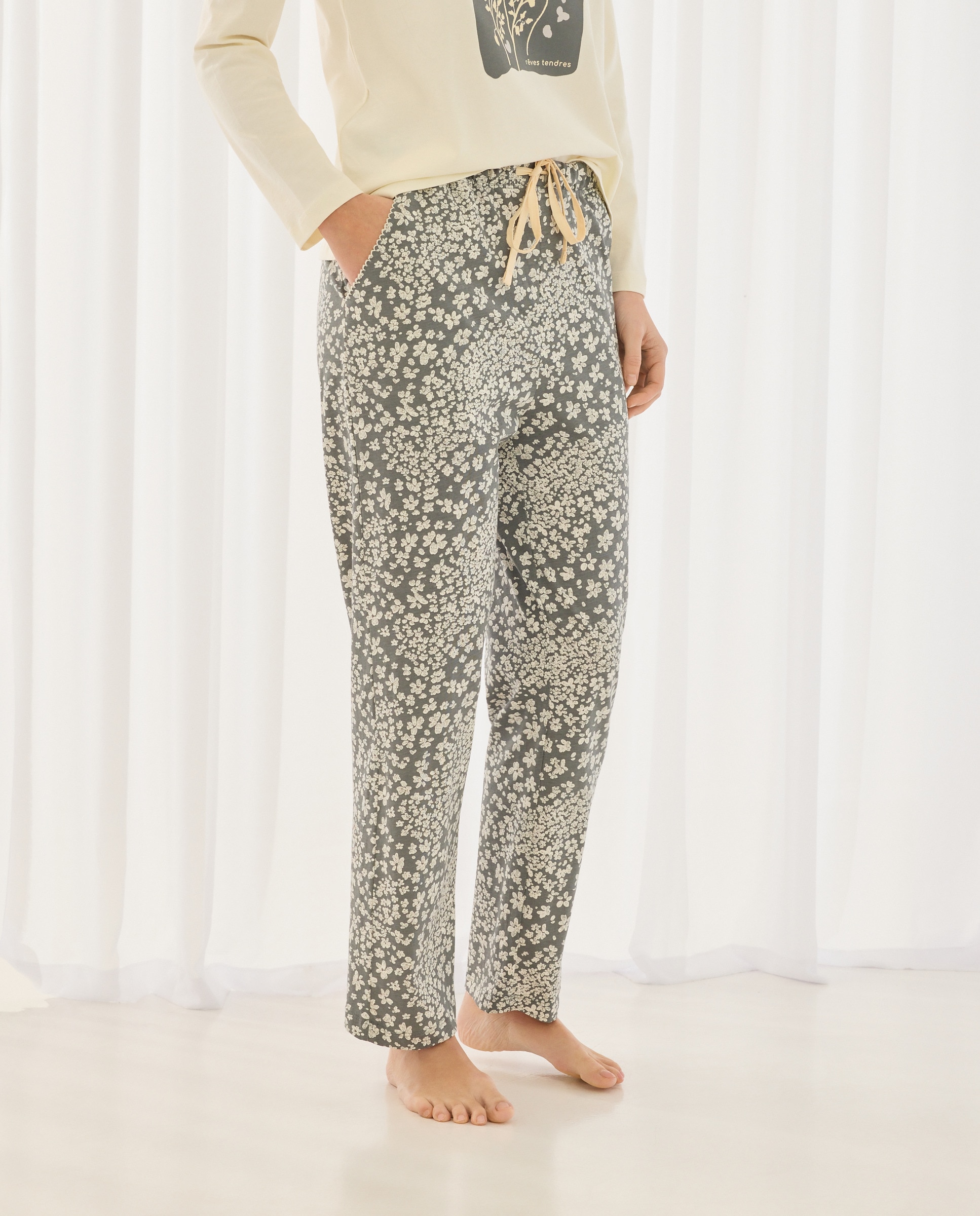Calças de Pijama com Estampado Floral e Detalhes de Piconela Branco-2
