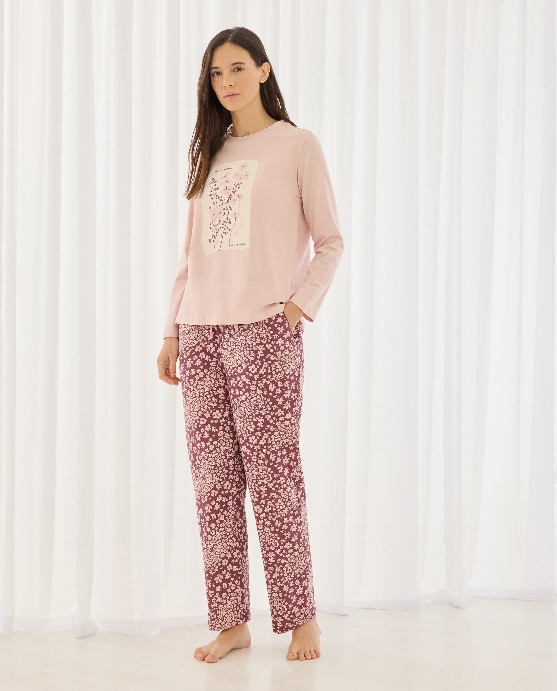 Calças de Pijama com Estampado Floral e Detalhes de Piconela Roxo-1