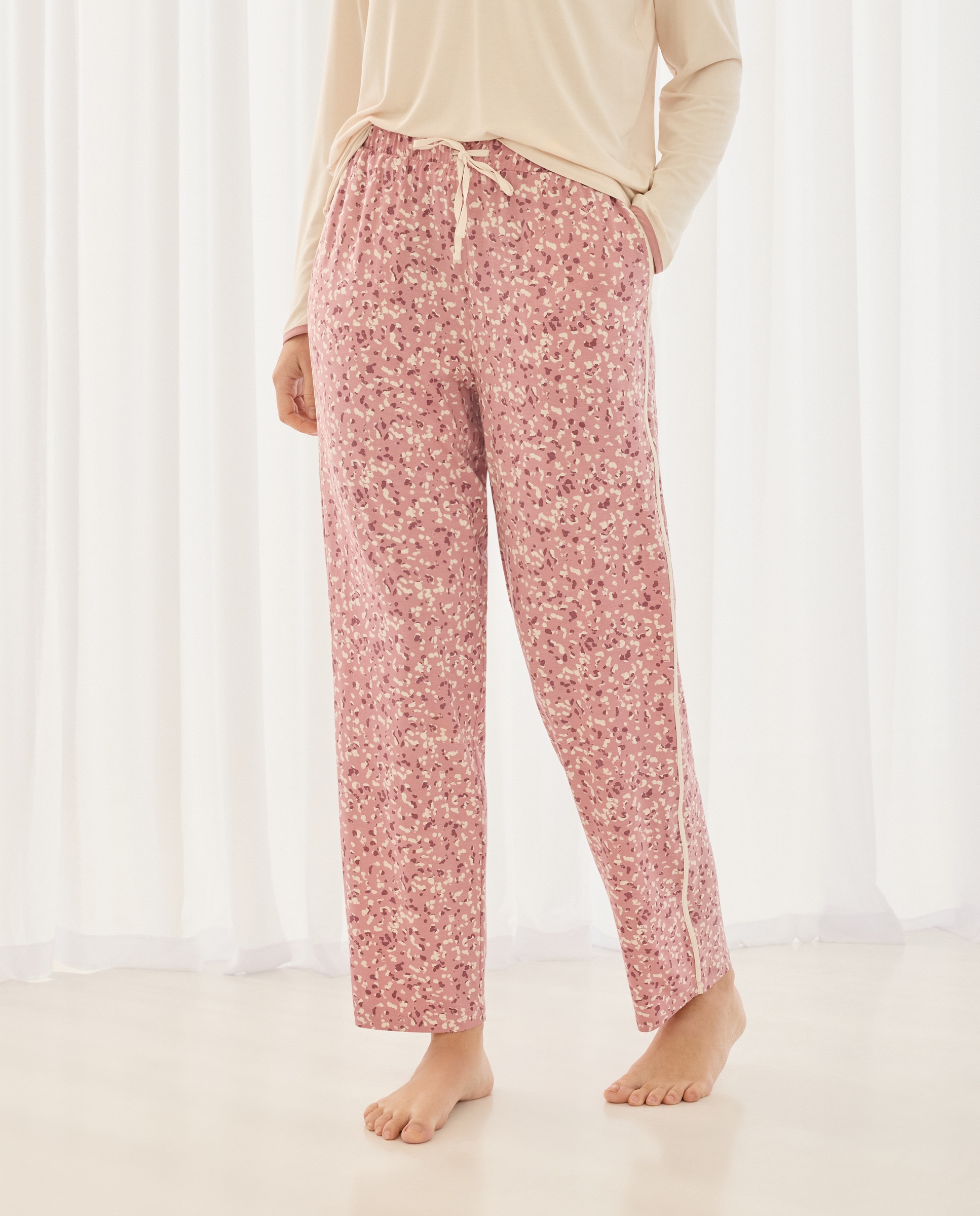 Calças de Pijama com Estampado Floral Rosa-2