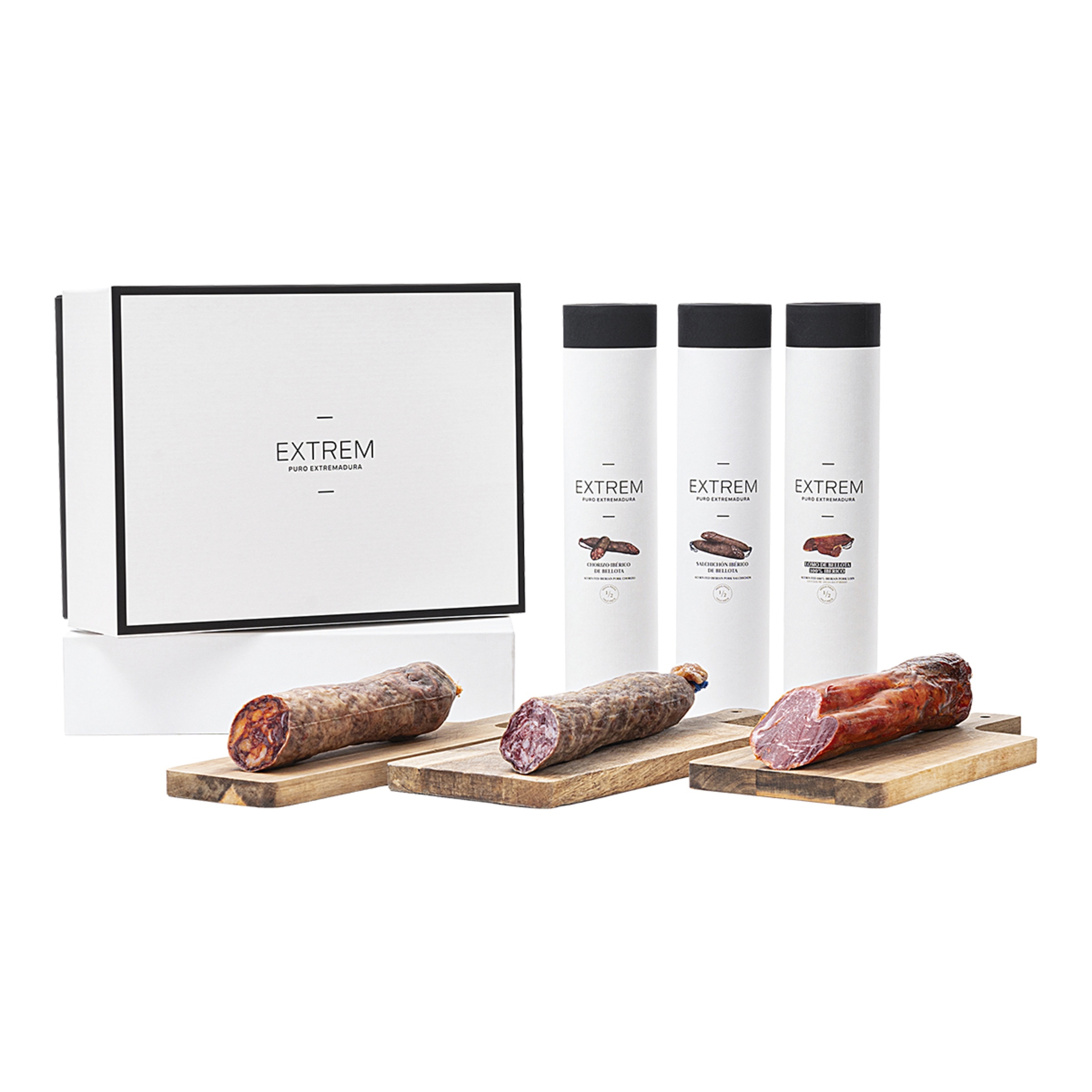Imagen 0 de Estuche de medias piezas de lomo, chorizo y salchichón ibéricos de Bellota Extrem Puro Extremadura