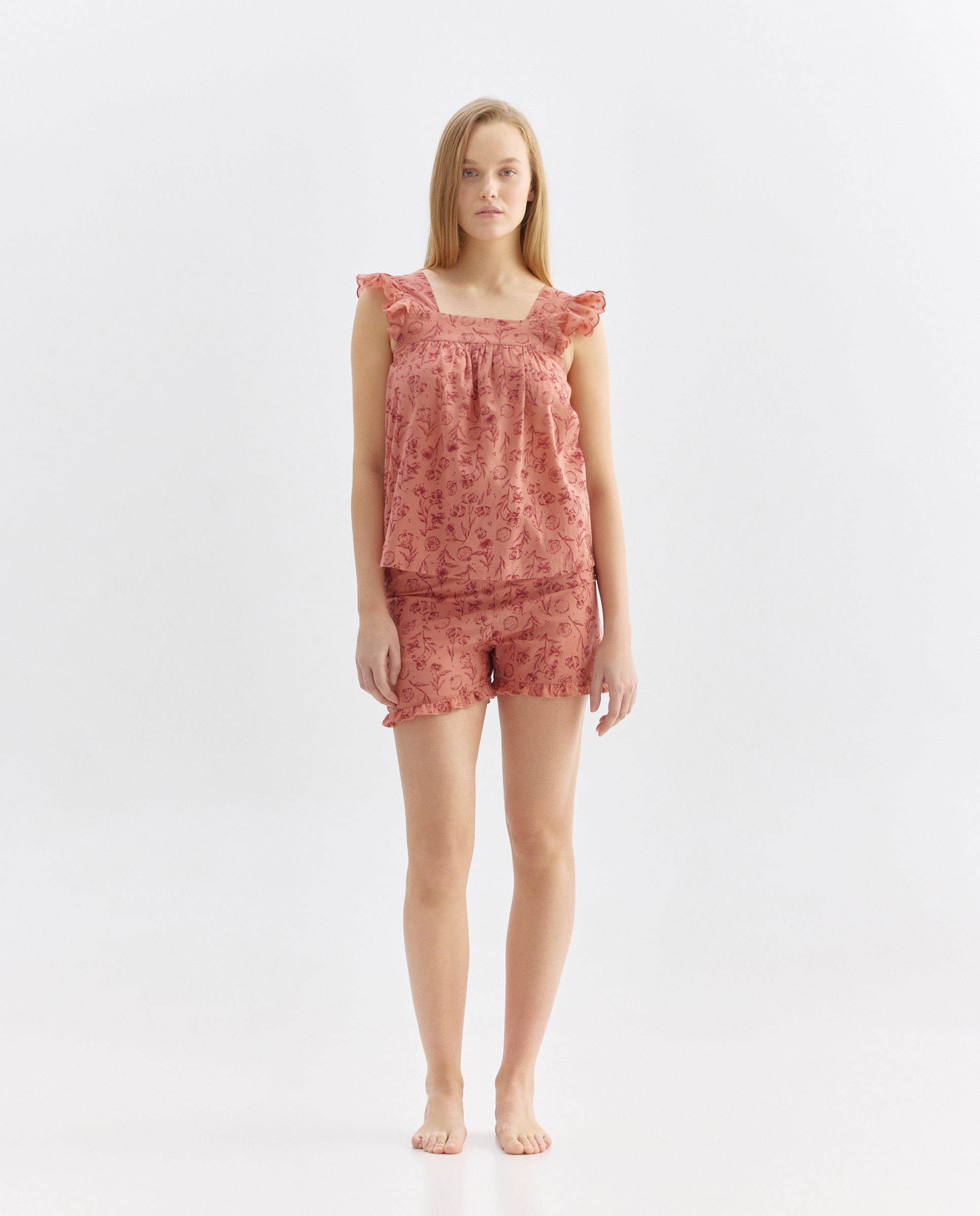 Pijama mujer algodón tirante volante Papaya-1