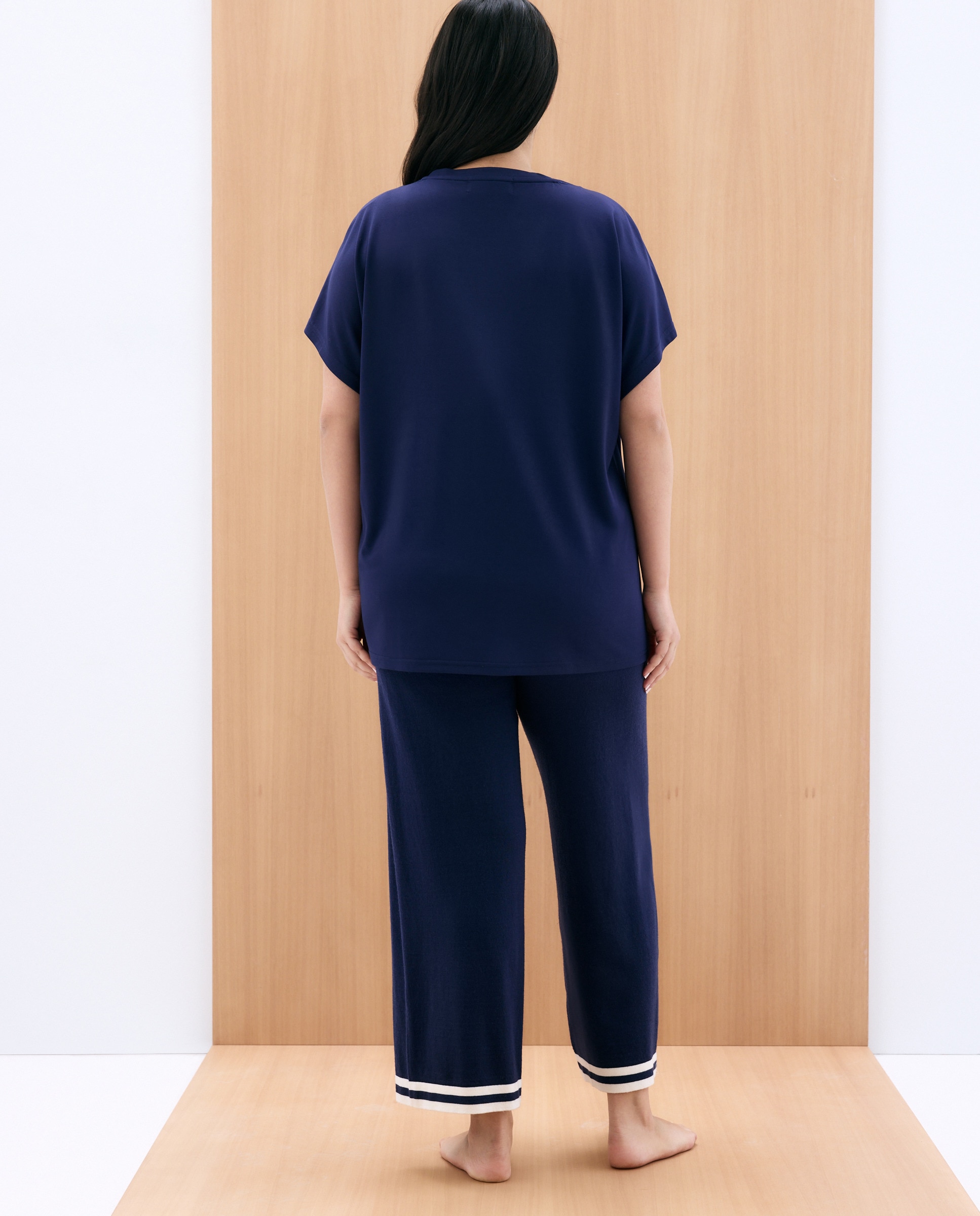 Calças de Pijama de Tricot com Detalhes nas Bainhas Azul-marinho-3