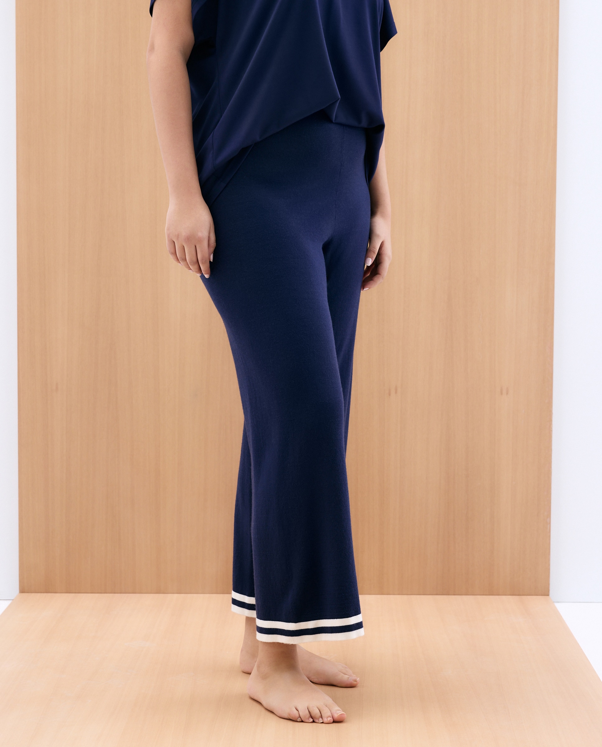 Calças de Pijama de Tricot com Detalhes nas Bainhas Azul-marinho-2