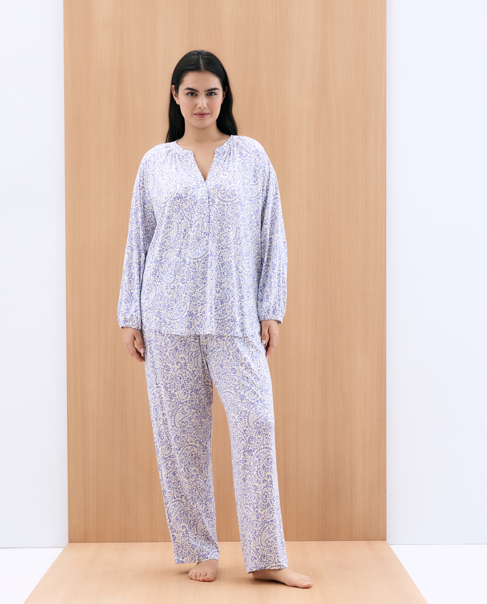 Pijama Comprido Estampado com Manga 3/4 Azul-2