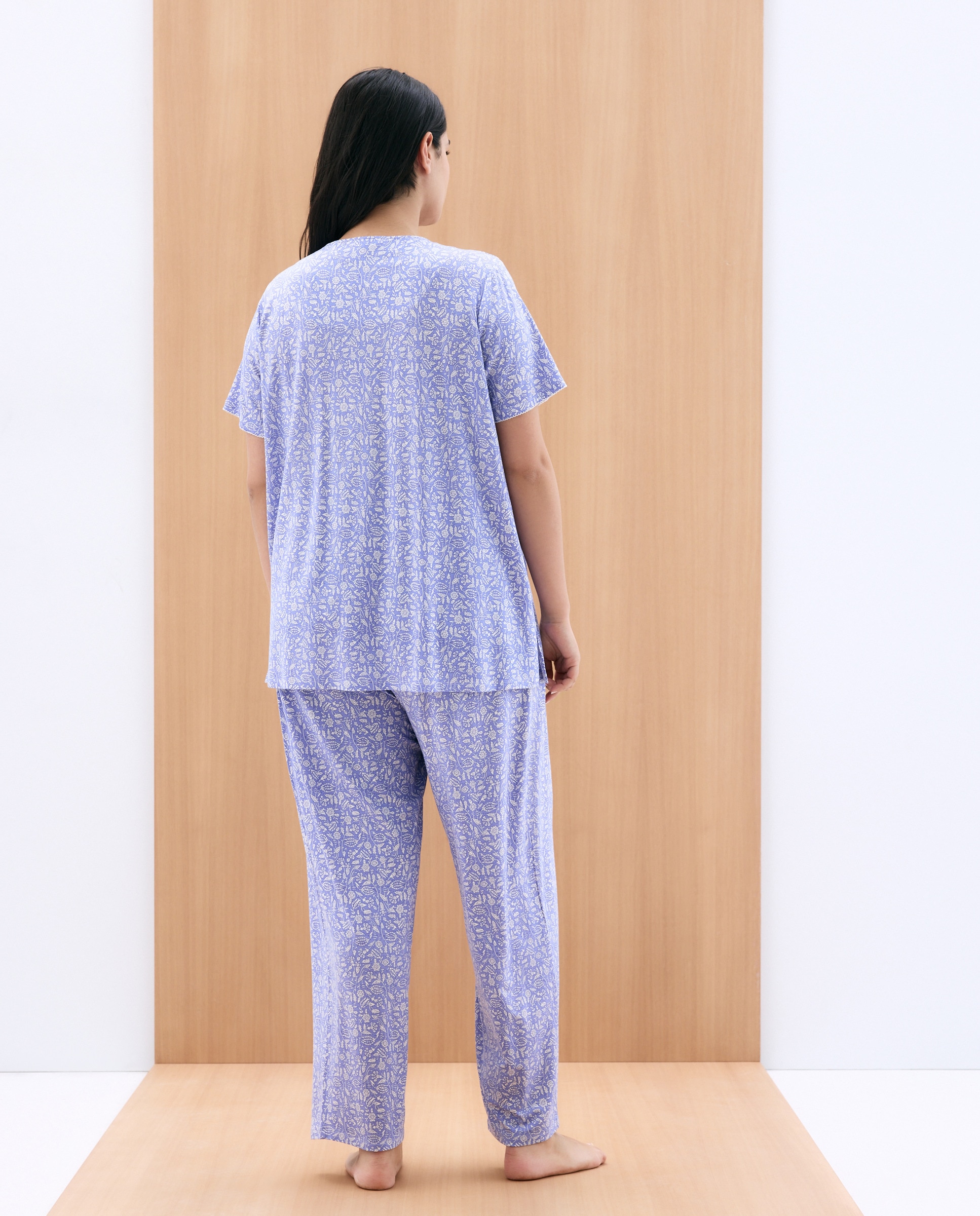 Pijama Comprido Estampado com Manga Curta Azul-3