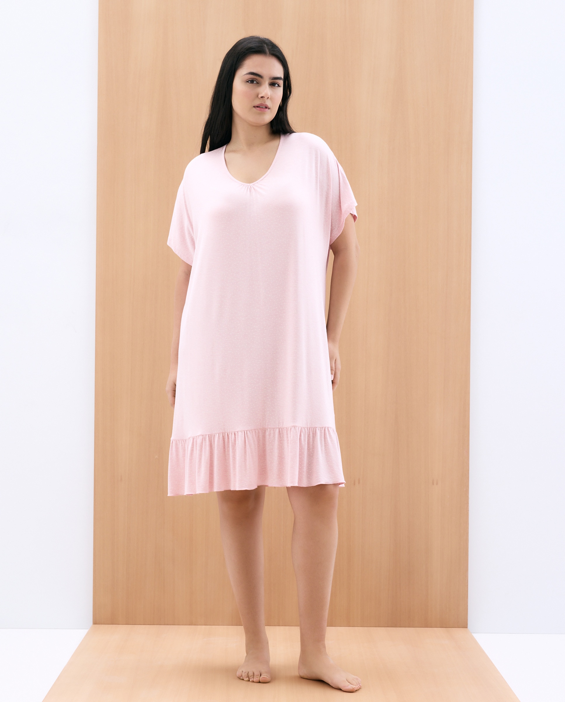 Camisa de Dormir com Folho na Parte Inferior Rosa-1