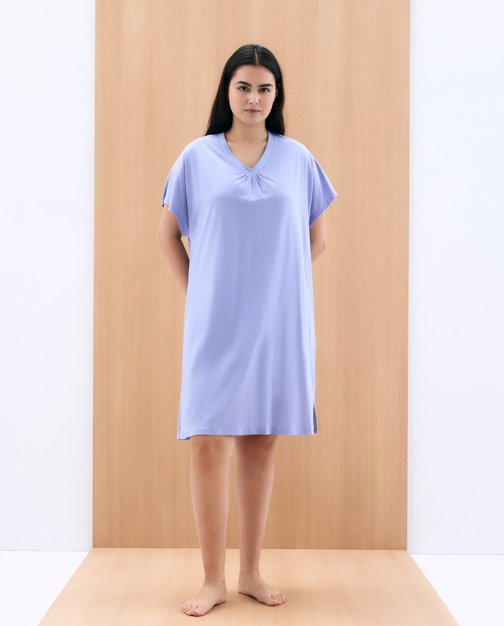 Camisa de dormir curta com renda 400 Azul-2