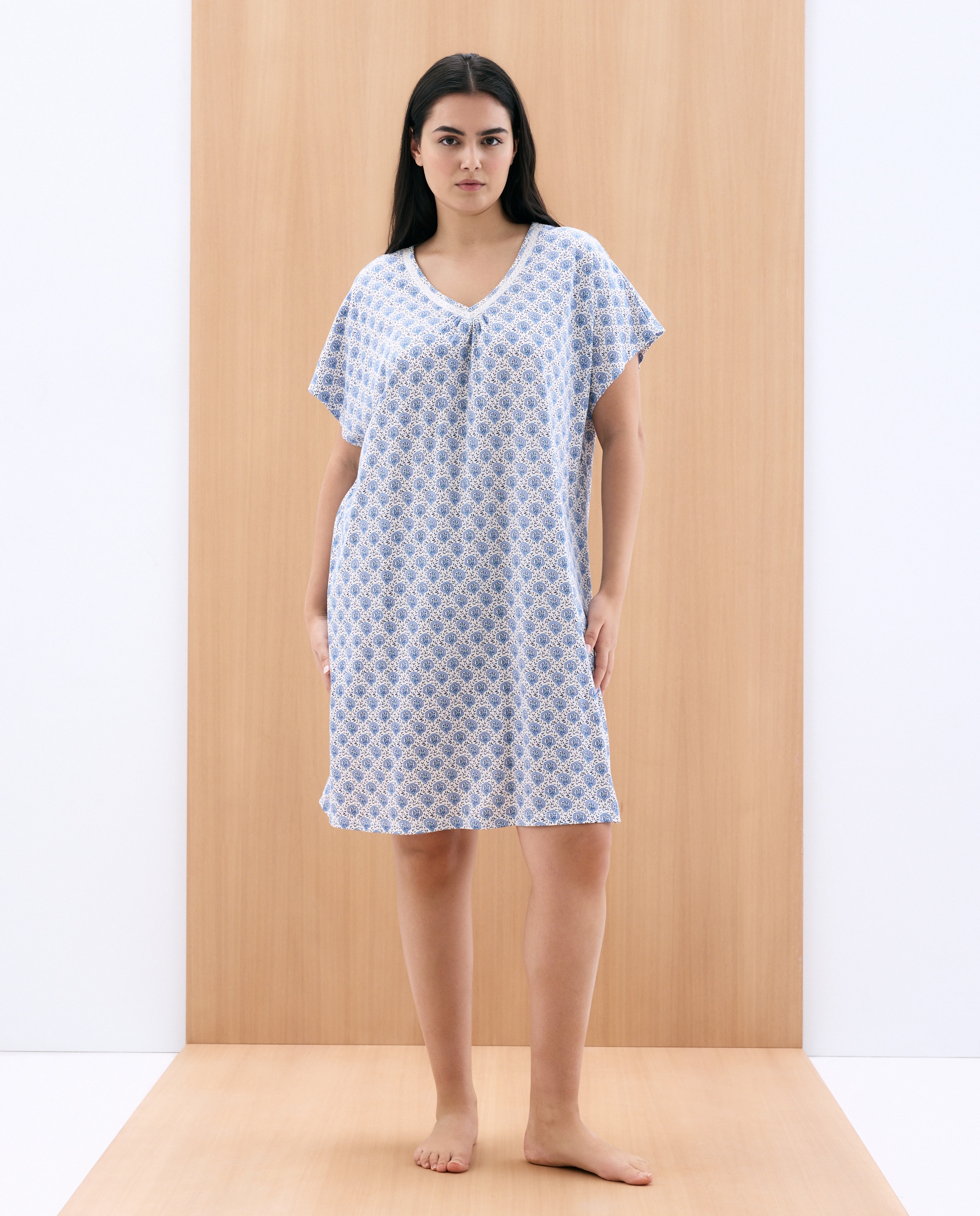 Camisa de Dormir Curta com Renda Estampada Azul-2