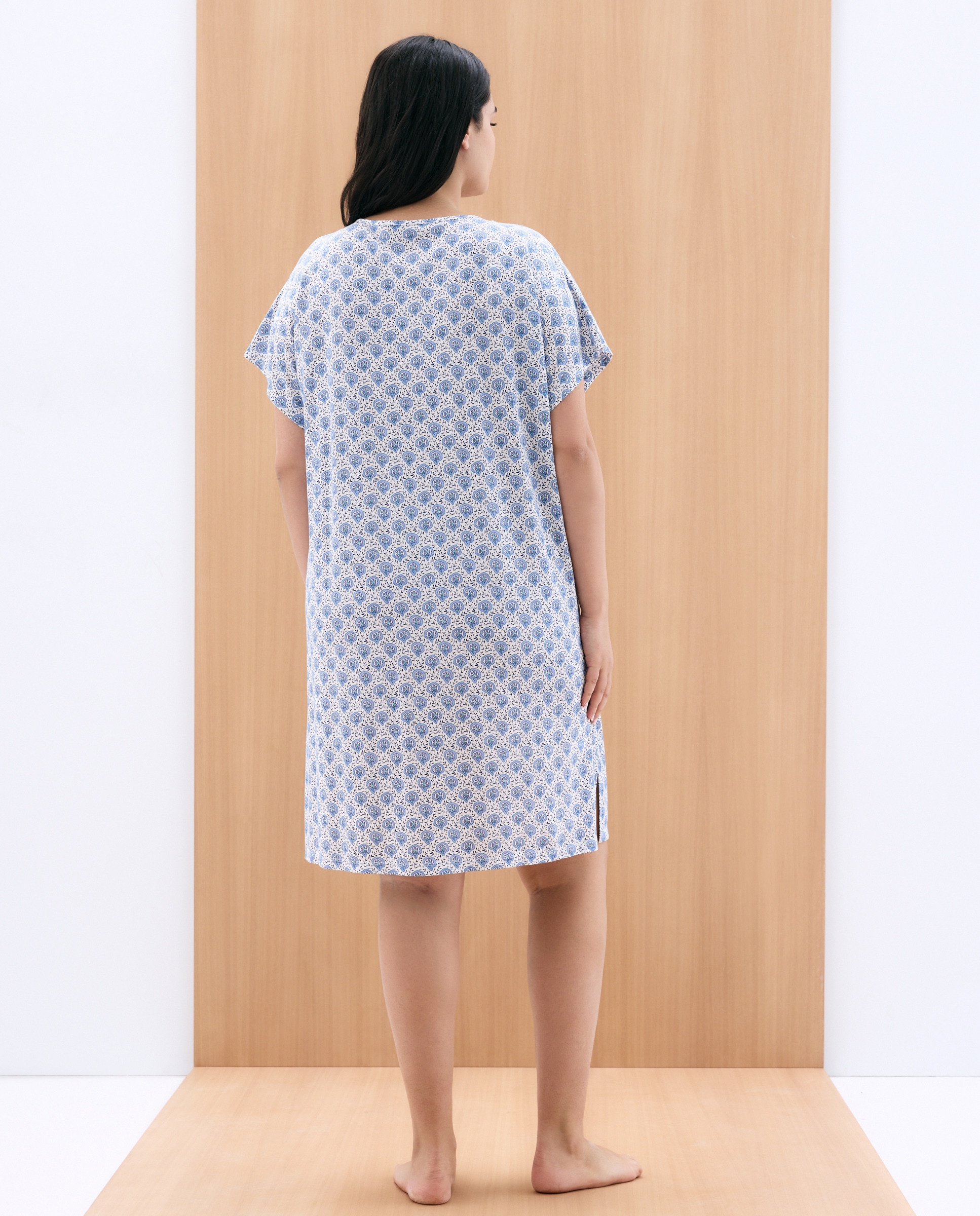 Camisa de Dormir Curta com Renda Estampada Azul-3