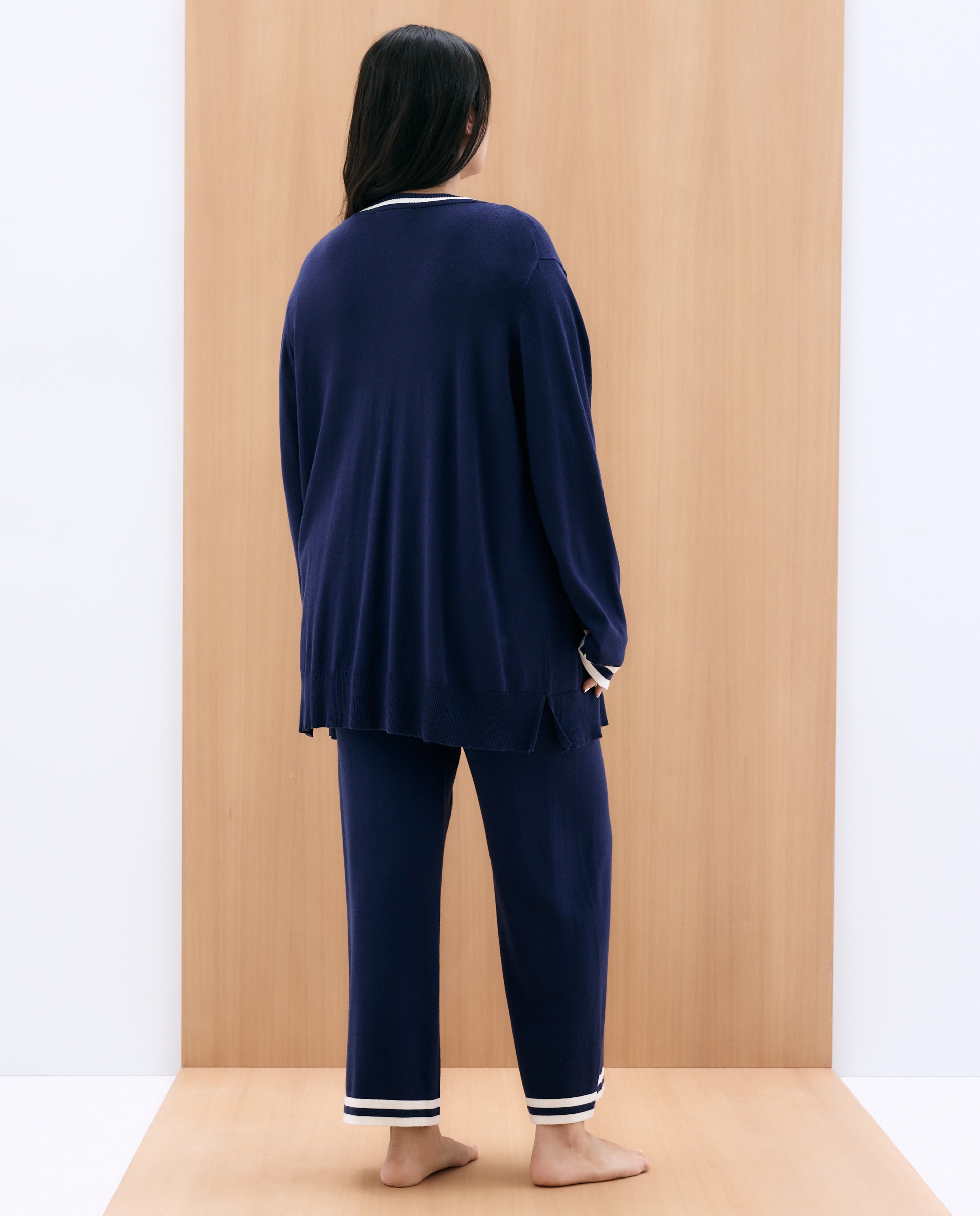 Cardigan com Gola e Bolsos em Contraste Azul-marinho-3