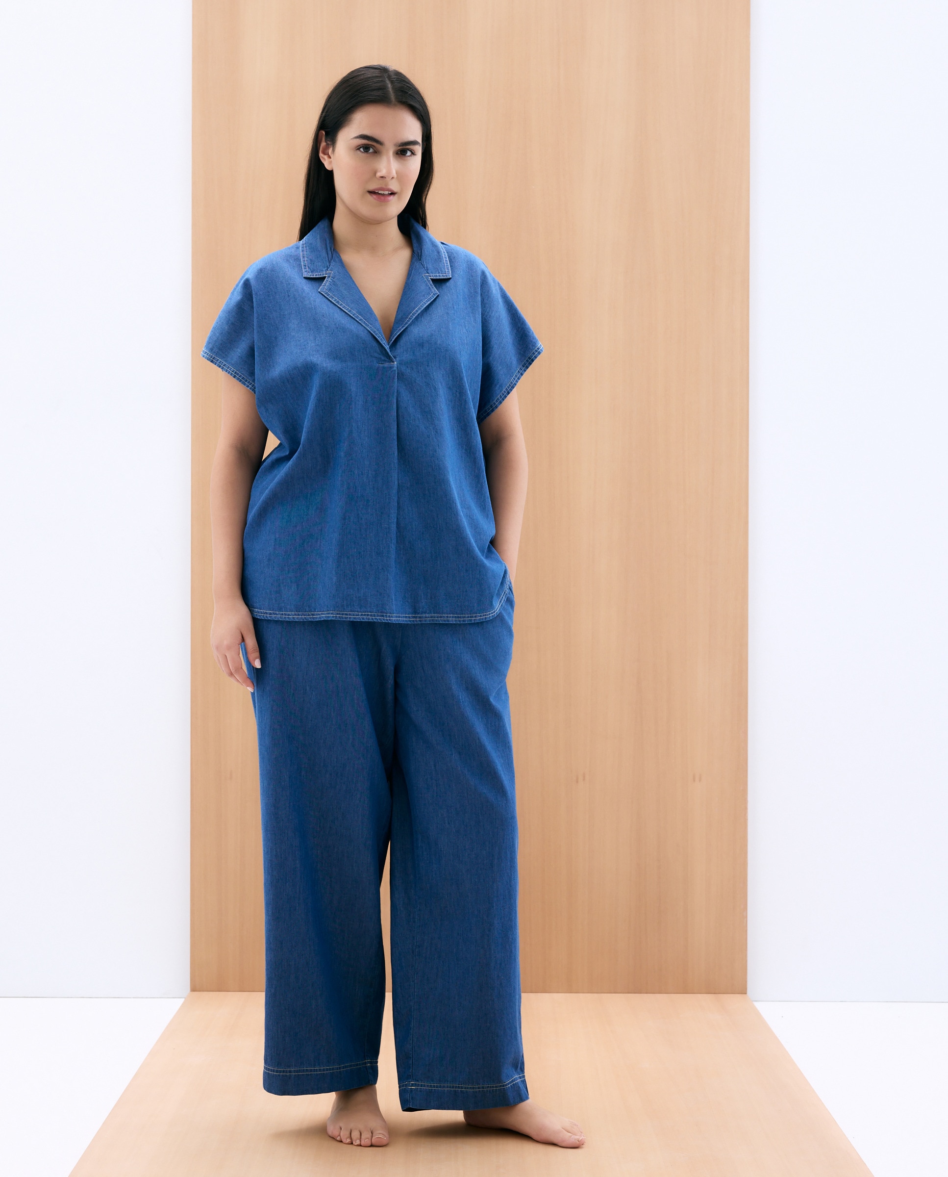 Camisa de Tencel com Decote em Bico 400 Azul-2