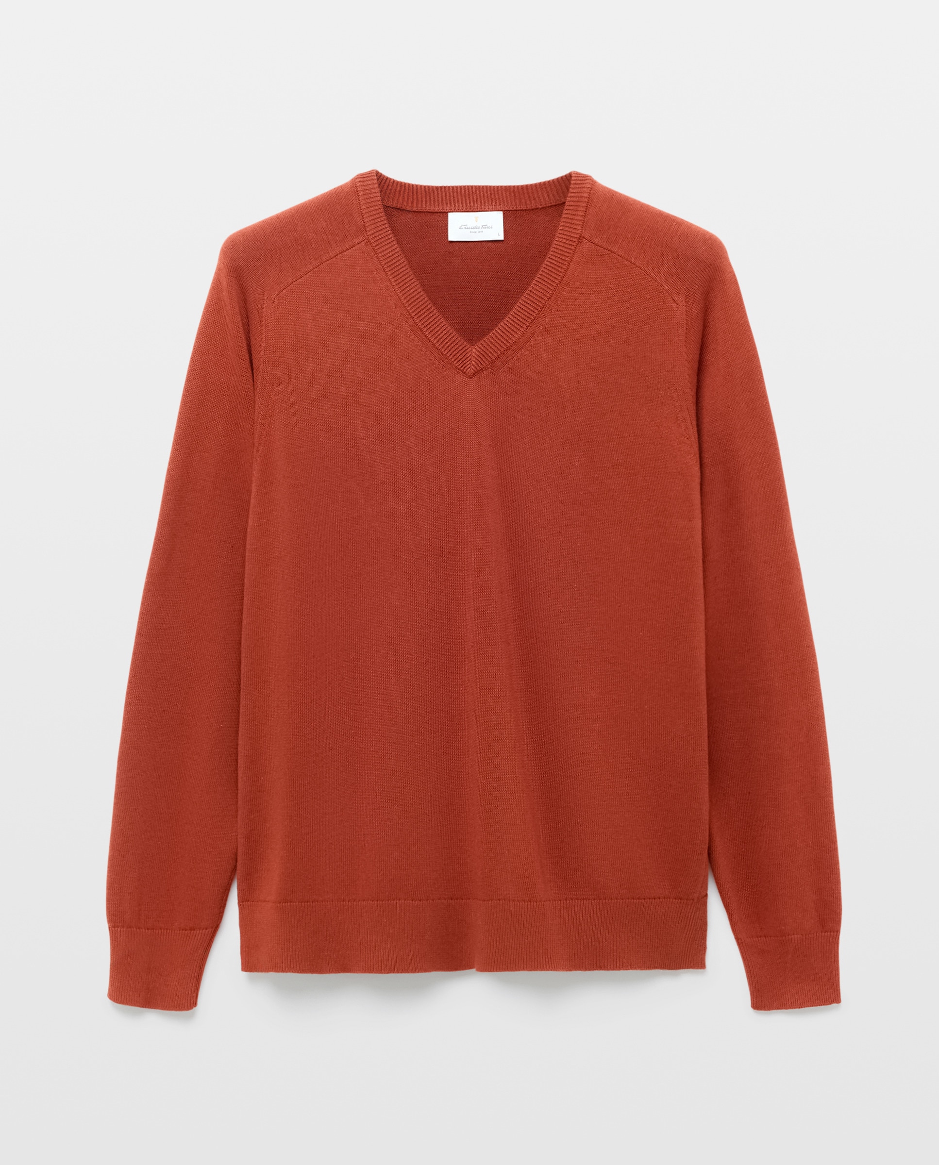 Camisola de Malha Lisa em Algodão e Linho com Gola em Bico Vermelho-4