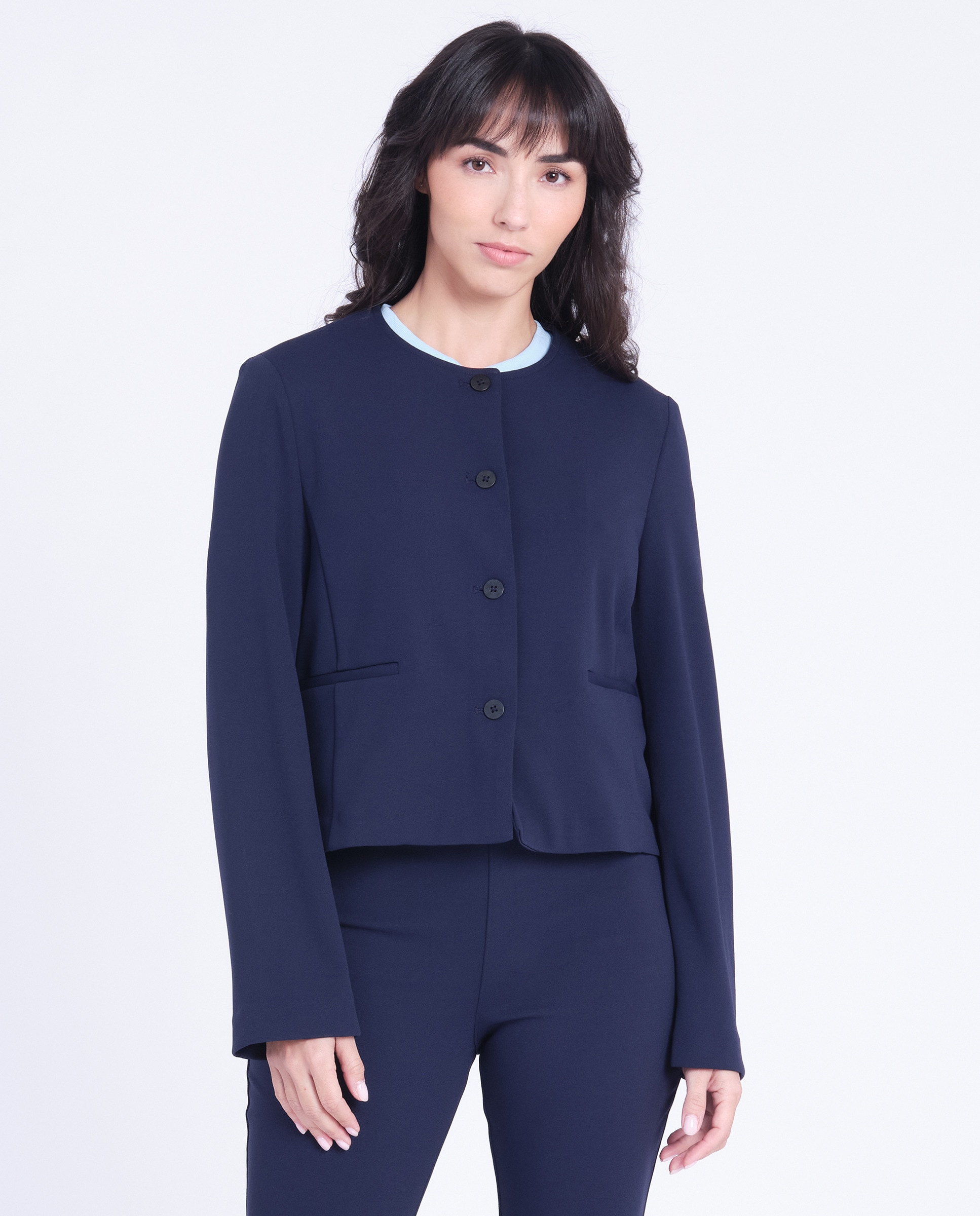 Casaco Curto em Crepe Azul-3