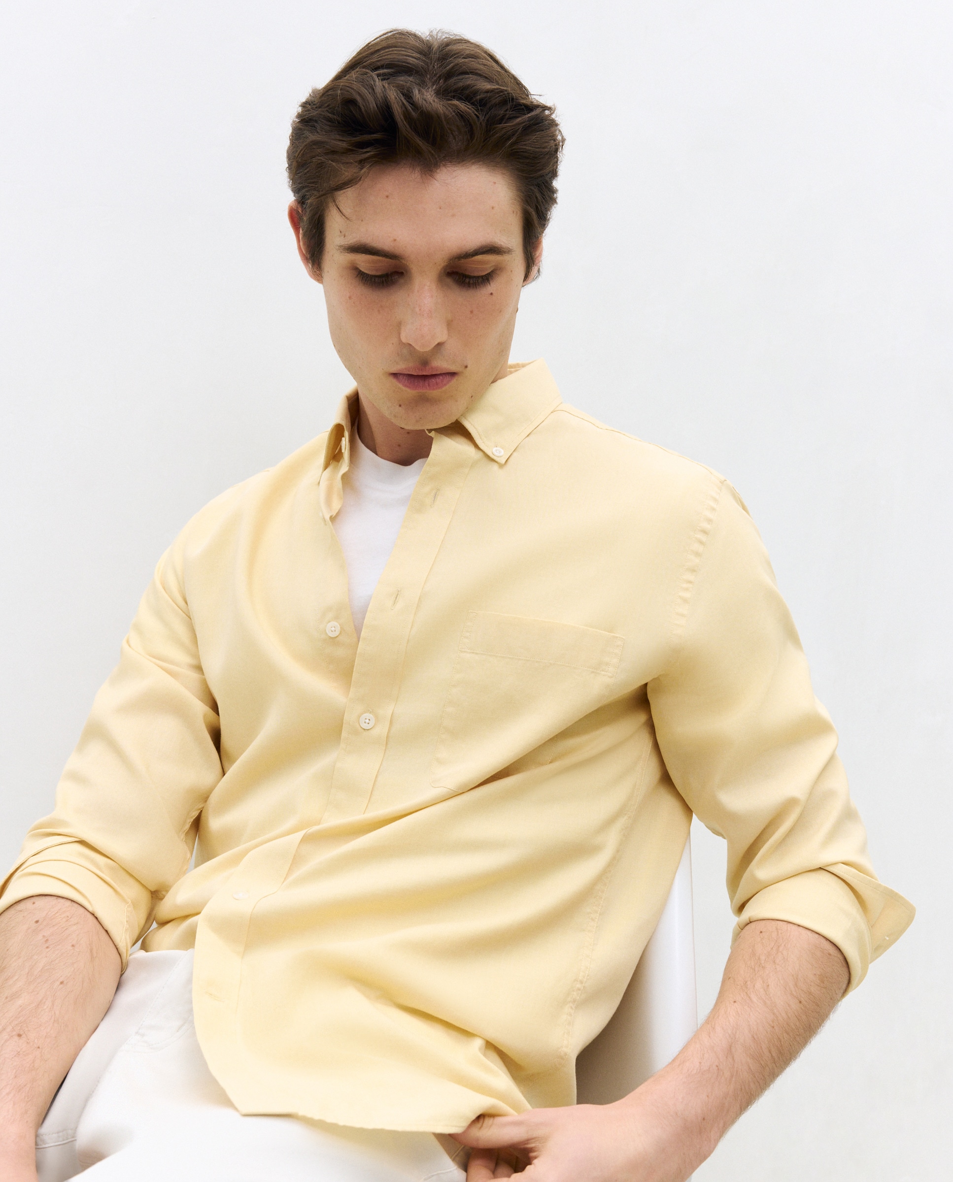 Camisa Casual de Algodão Tencel Lisa Regular Fit Mostarda-1