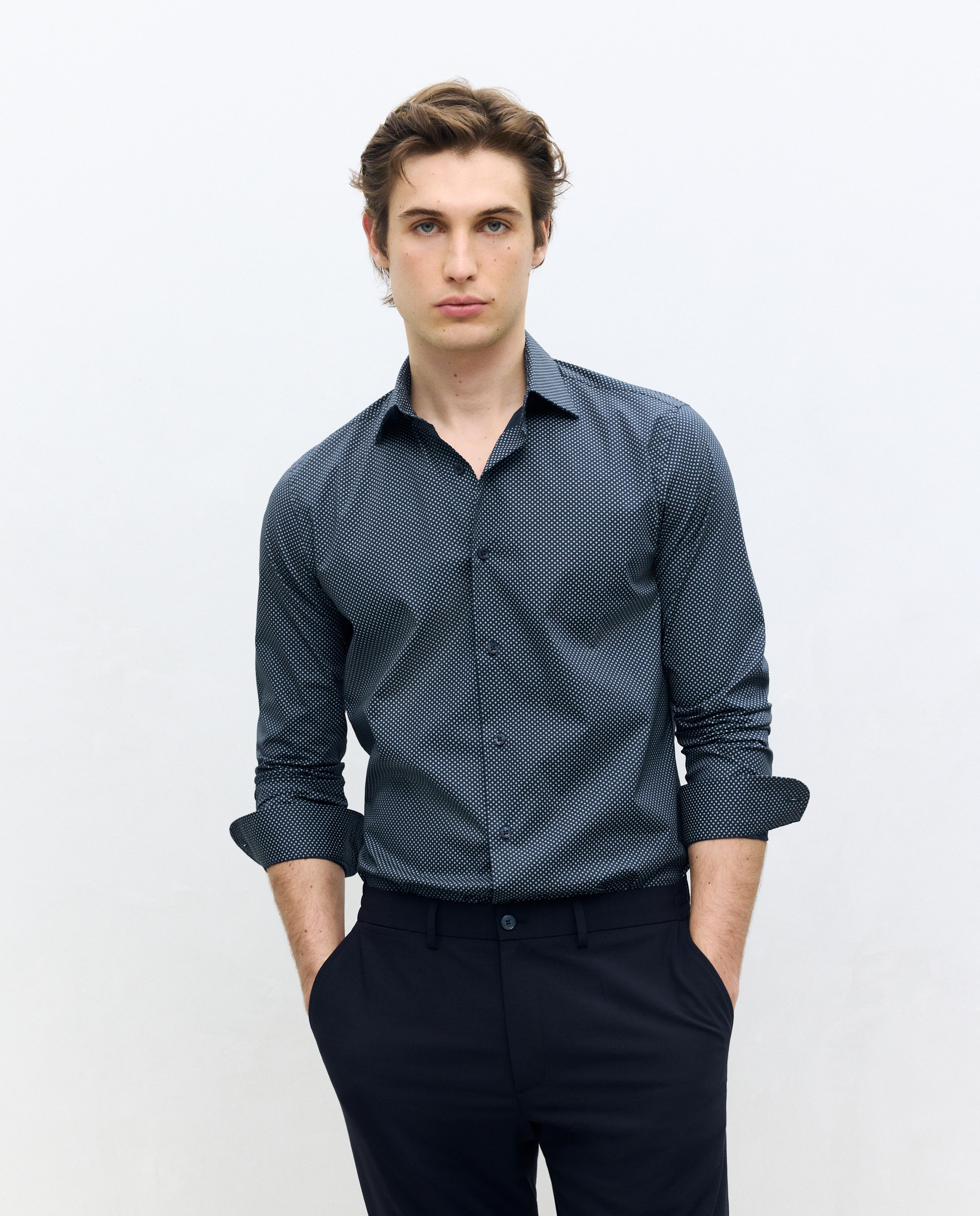 Camisa Clássica Slim Fit com Manga Comprida e Estampado de Gravata Azul-marinho-1