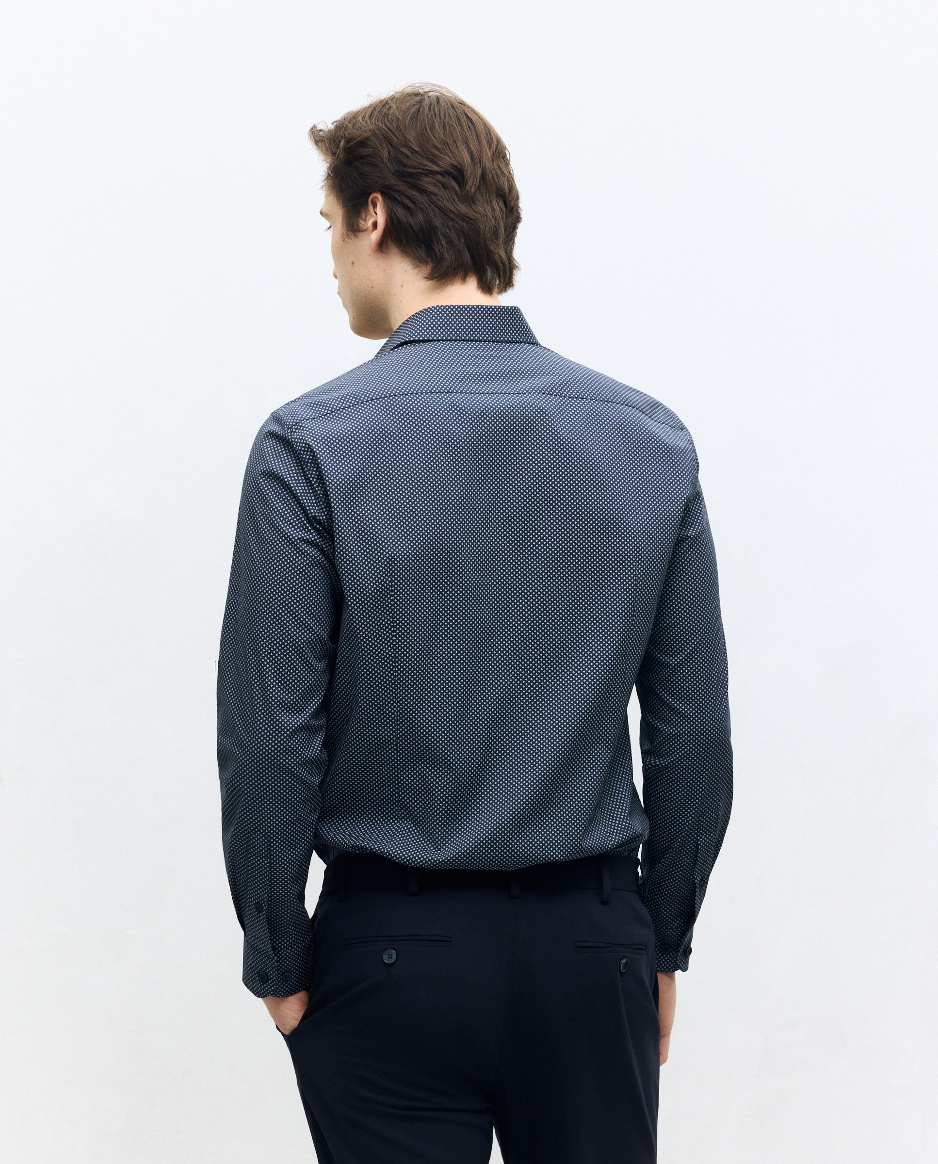 Camisa Clássica Slim Fit com Manga Comprida e Estampado de Gravata Azul-marinho-3