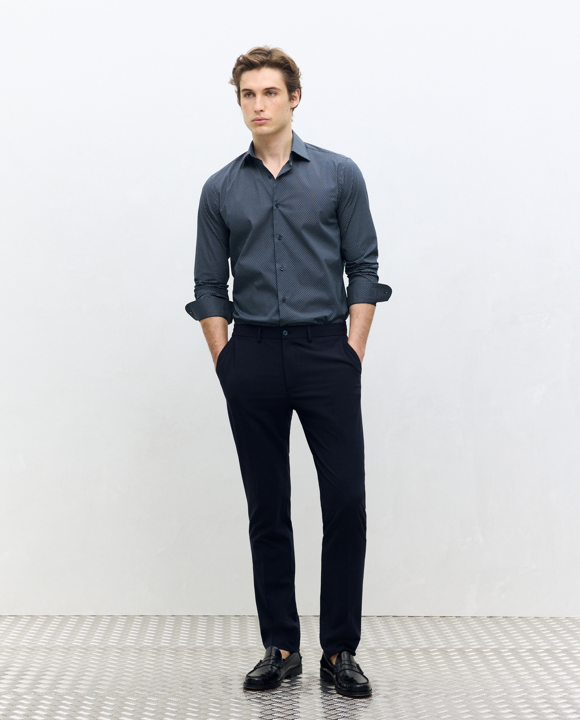 Camisa Clássica Slim Fit com Manga Comprida e Estampado de Gravata Azul-marinho-2