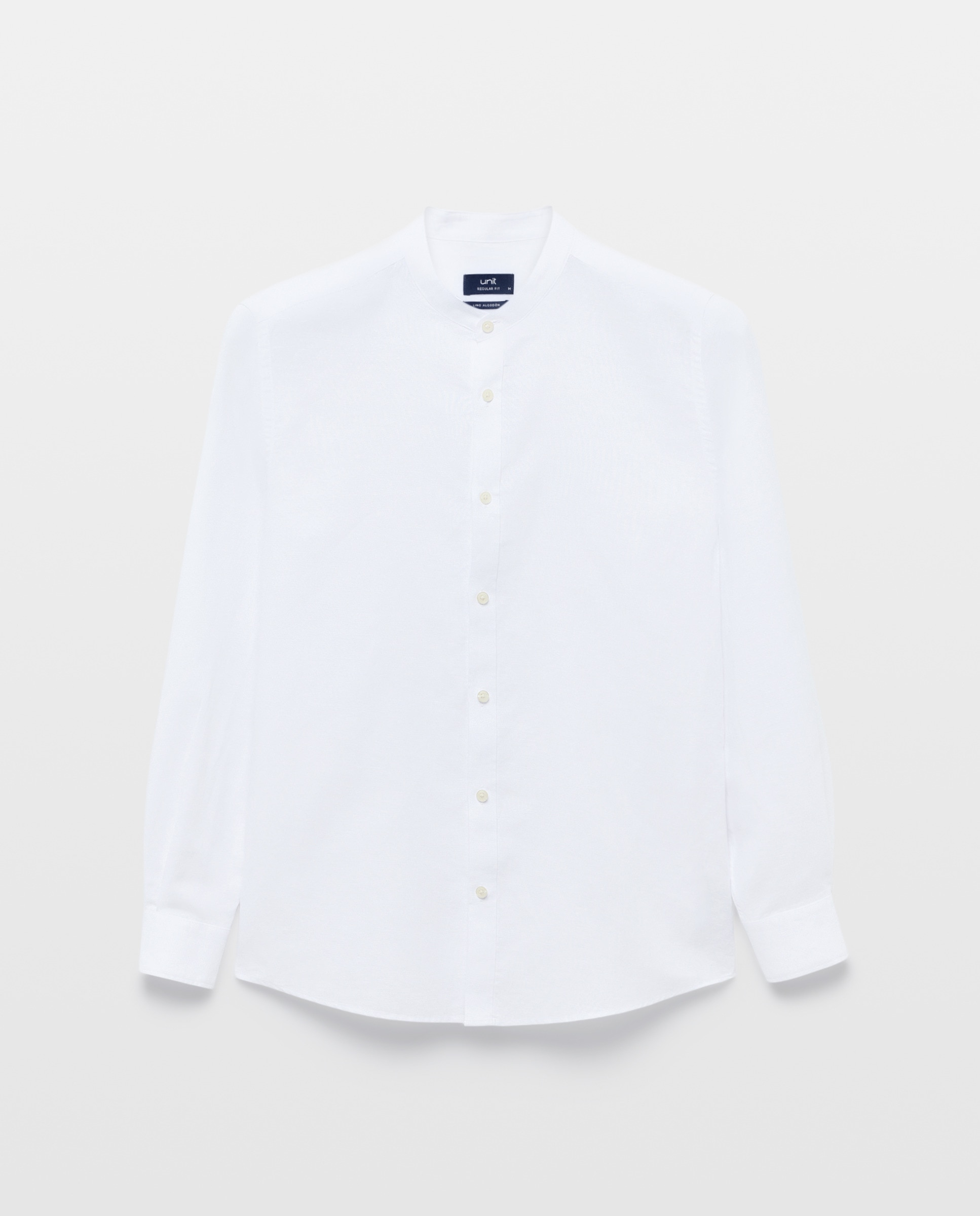 Camisa sport hombre lino y algodón lisa cuello mao Blanco-4