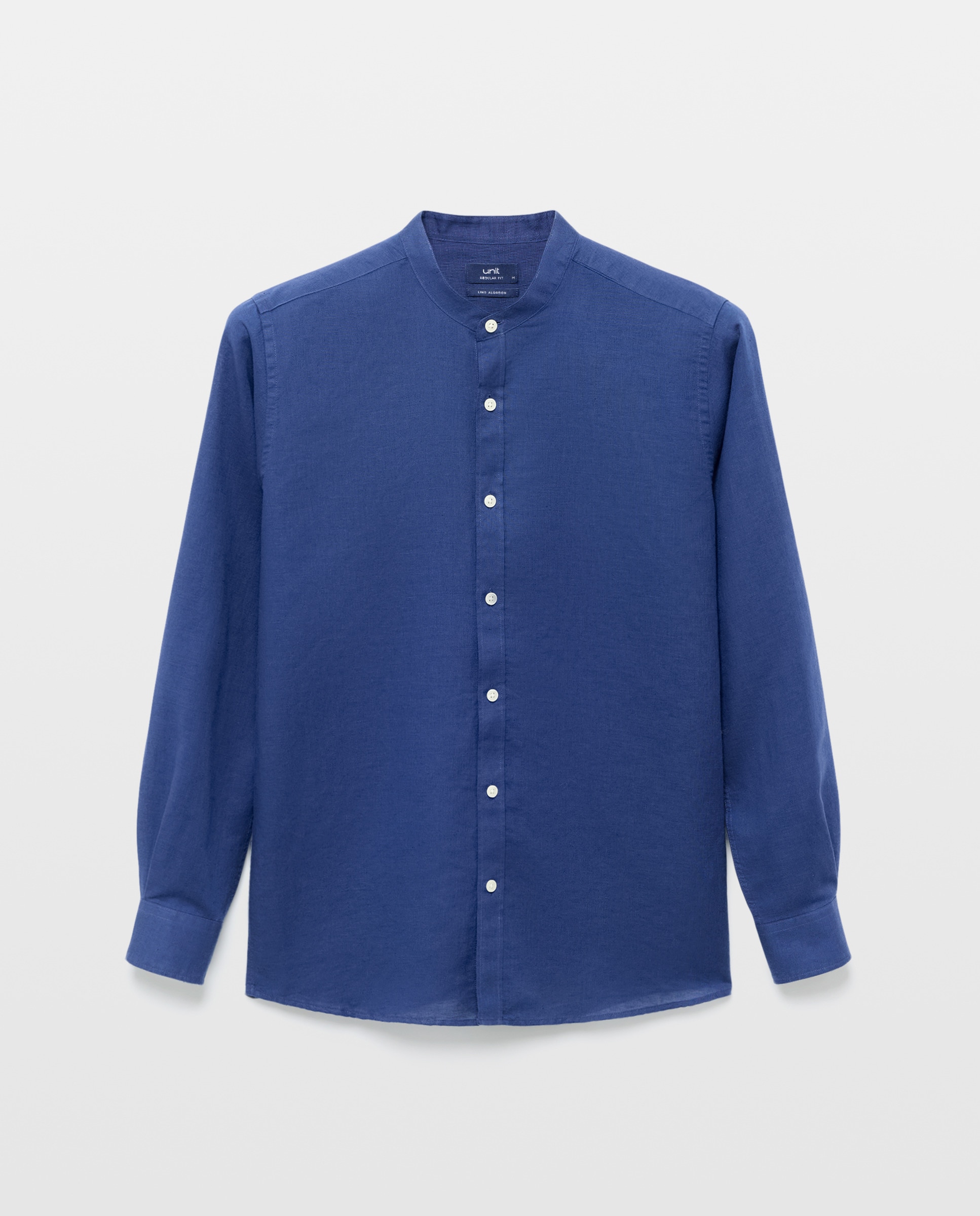 Camisa sport hombre lino y algodón lisa cuello mao Azul marino-4