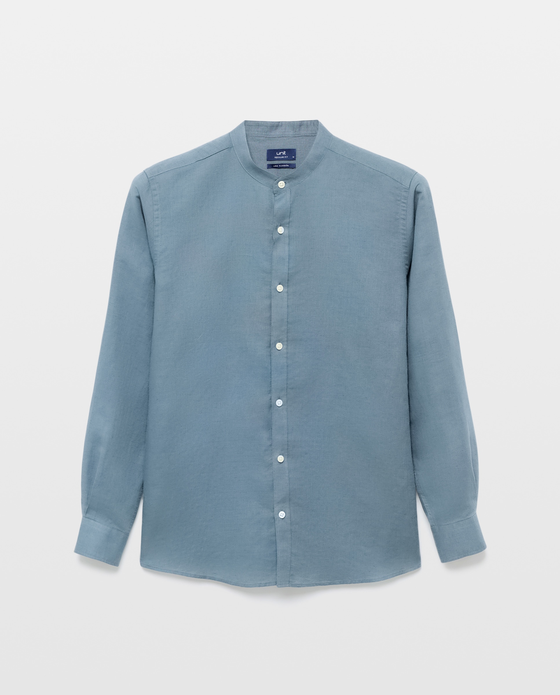 Camisa sport hombre lino y algodón lisa cuello mao 400 Azul-4