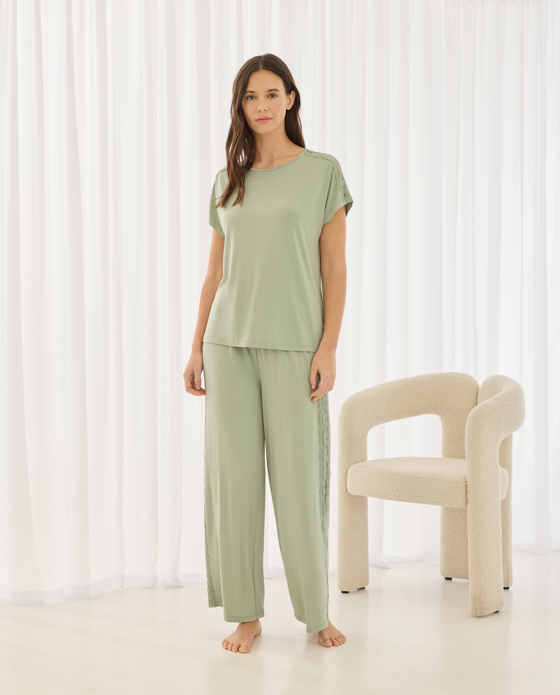 Calças de Viscose Lisas Verde-1