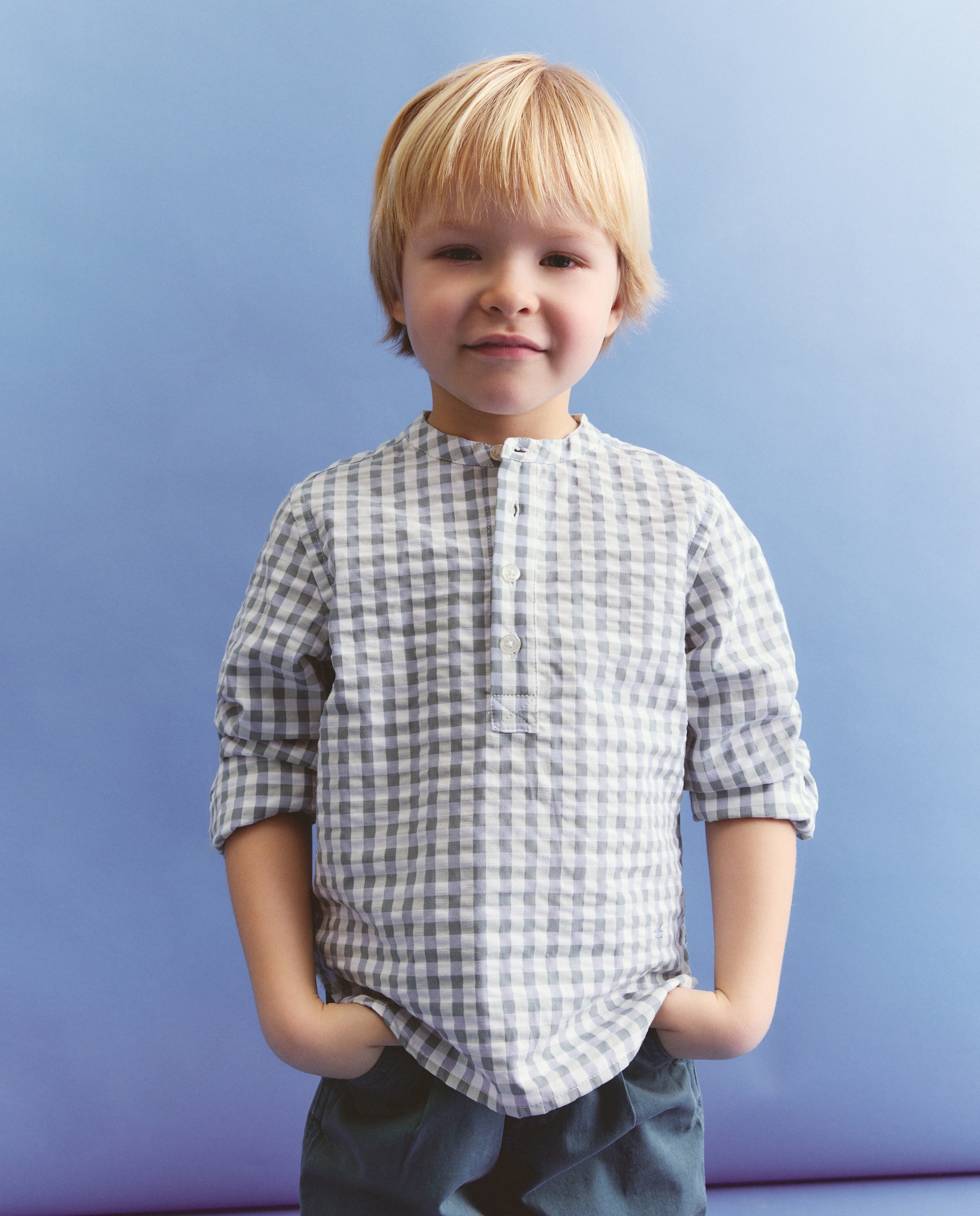 Camisa de Manga Comprida com Gola à Padre e Vichy Azul-2