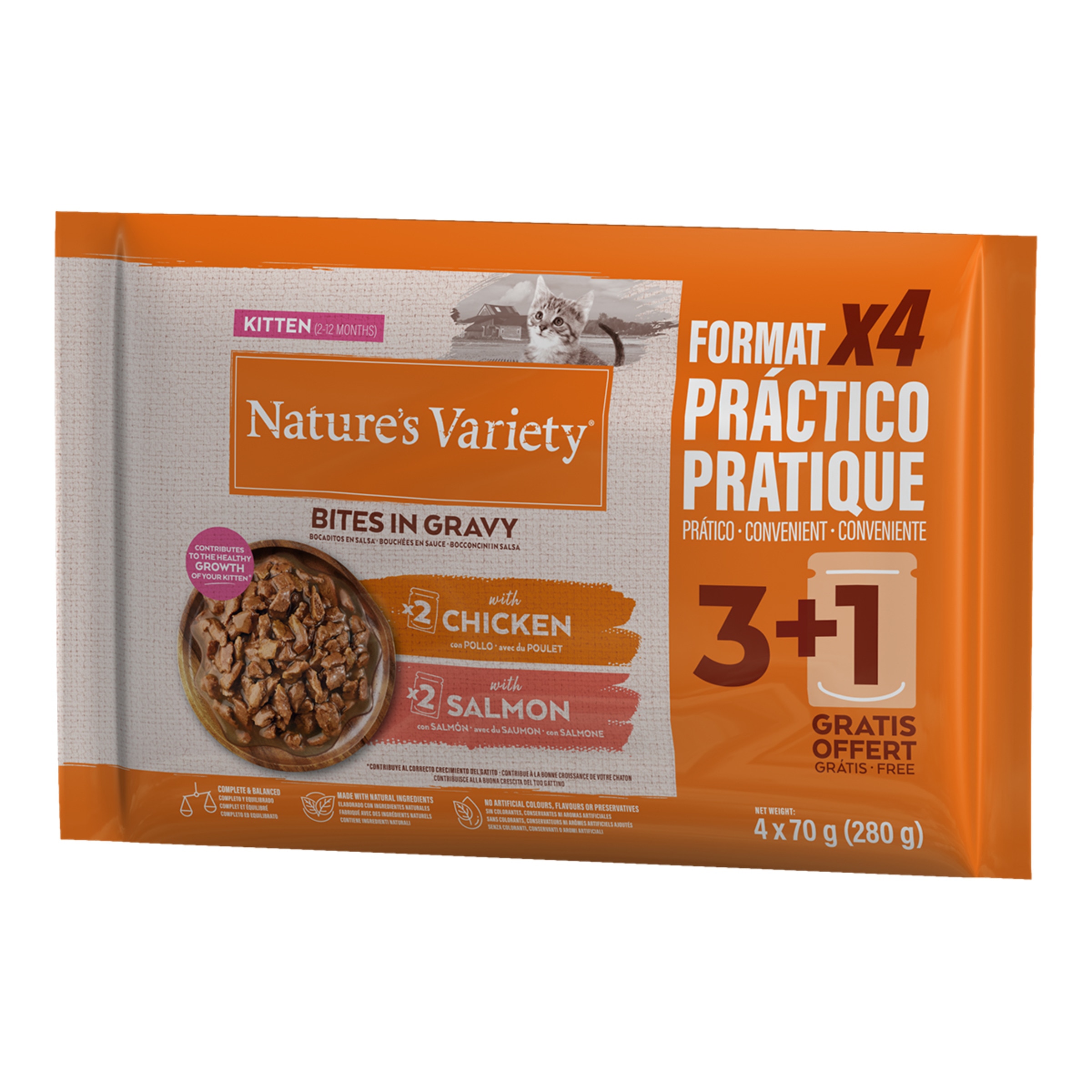 Imagen 0 de Comida húmeda para gatitos Nature's Variety bocaditos en salsa pollo y salmón 4 x 70 g