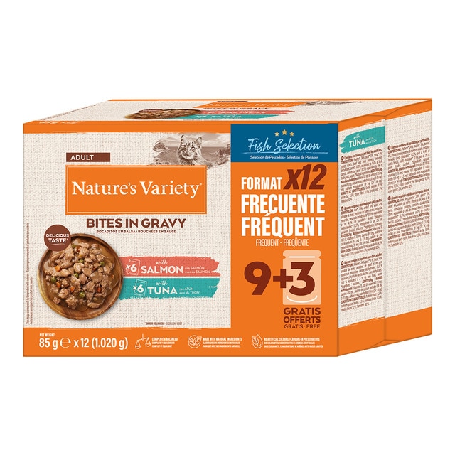 Imagen 0 de Comida húmeda para gatos adultos Nature's Variety bocaditos en salsa salmón y atún 12 x 85 g