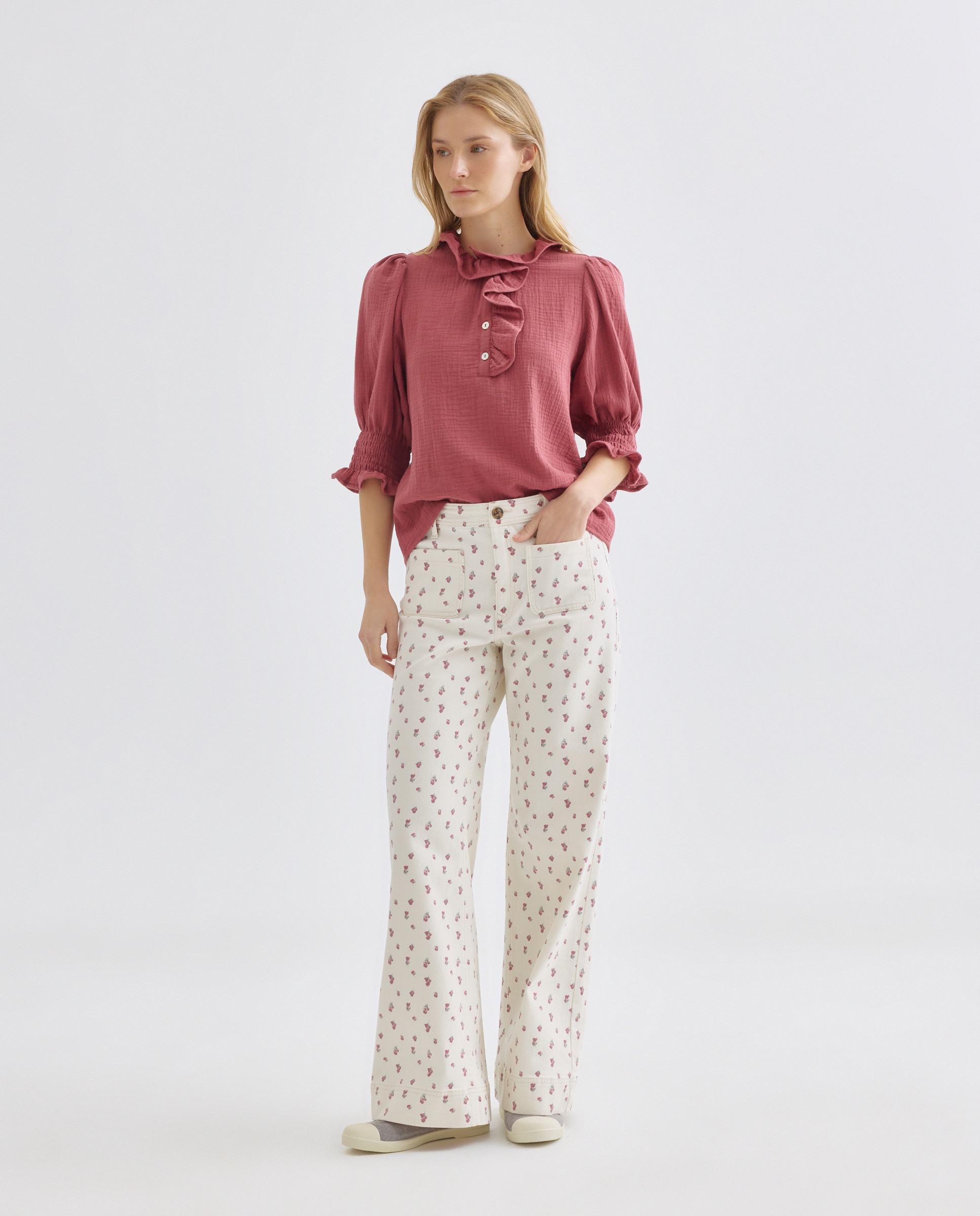 Blusa de mujer de algodón con cuello volante Burdeos-2