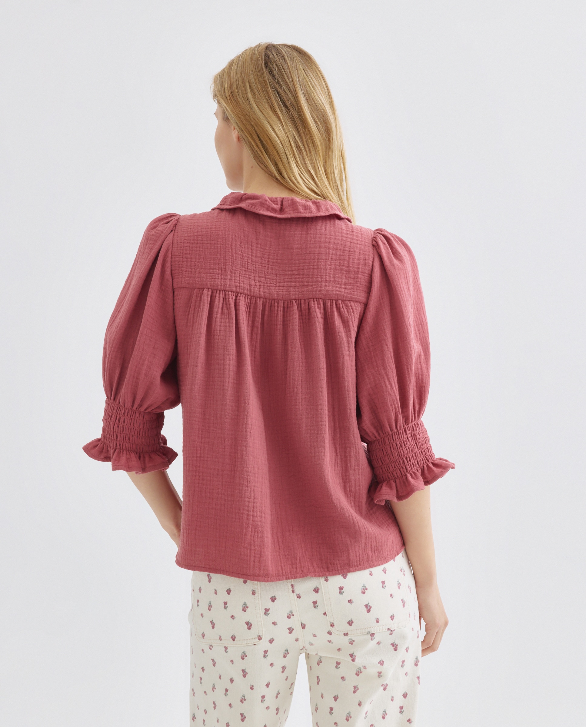 Blusa de mujer de algodón con cuello volante Burdeos-3