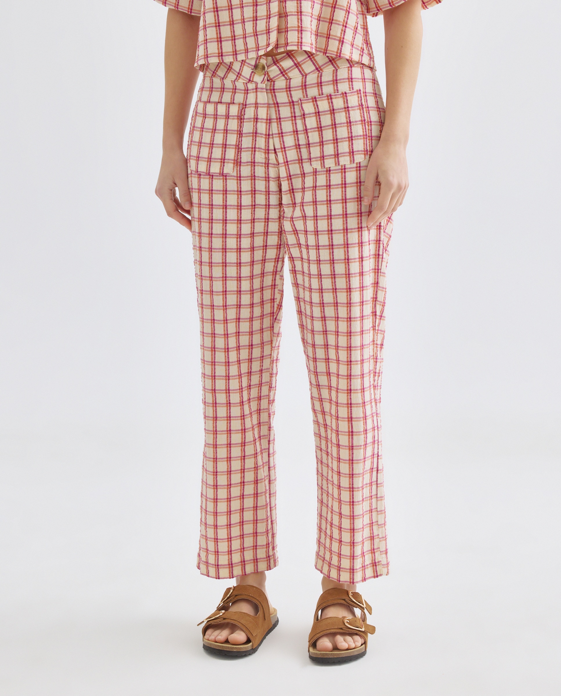 Pantalón de mujer recto de cuadros total look Morado-2