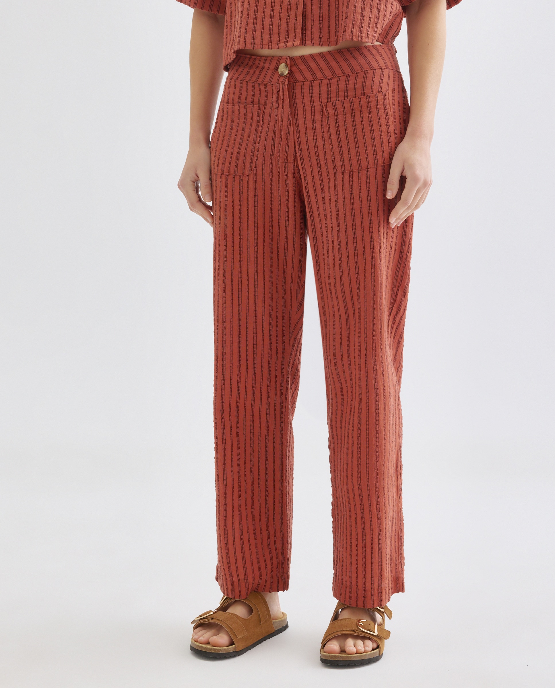 Pantalón de mujer recto de rayas total look Rojo-2
