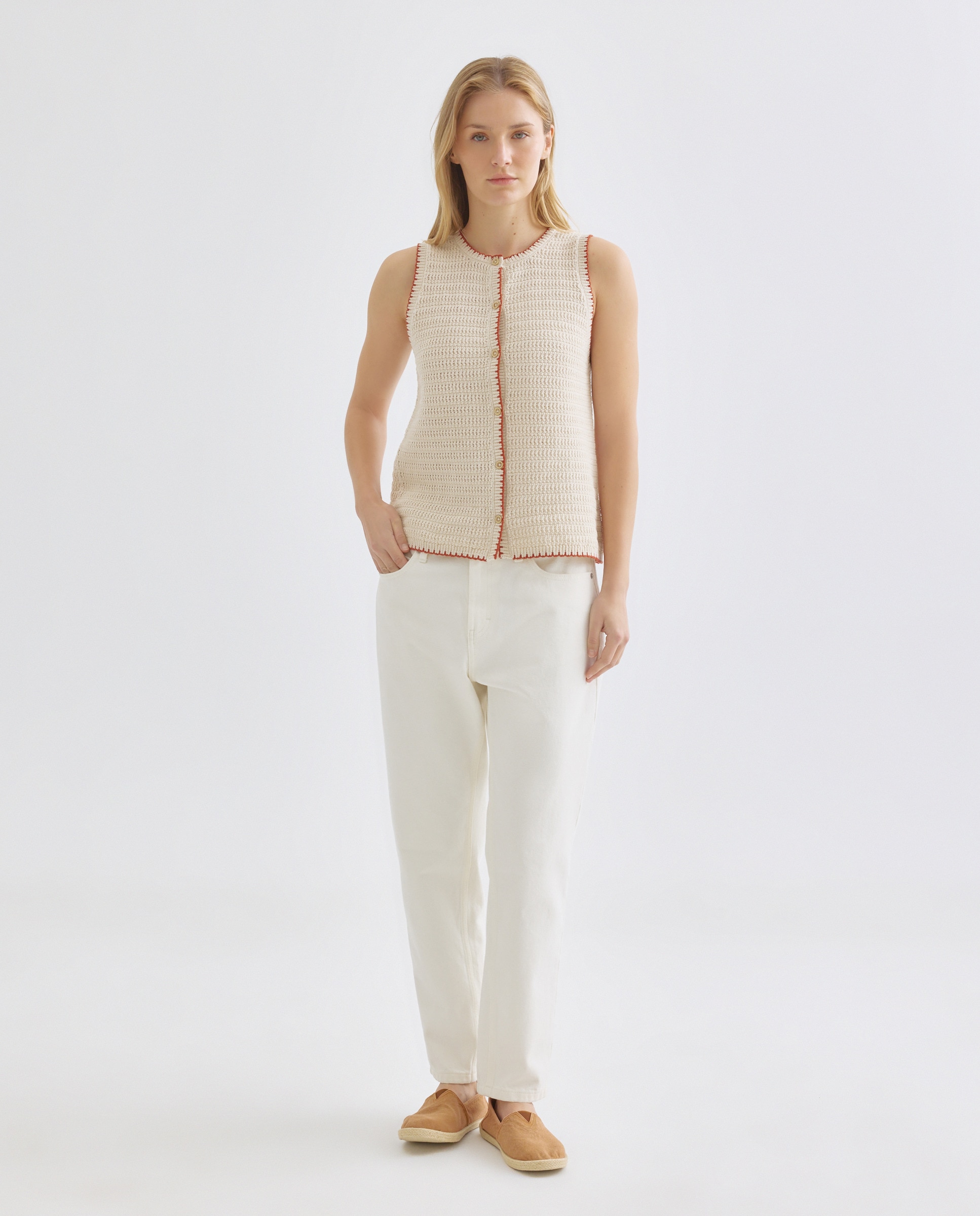 Top de mujer de algodón con contrastes 120 Crudo-2