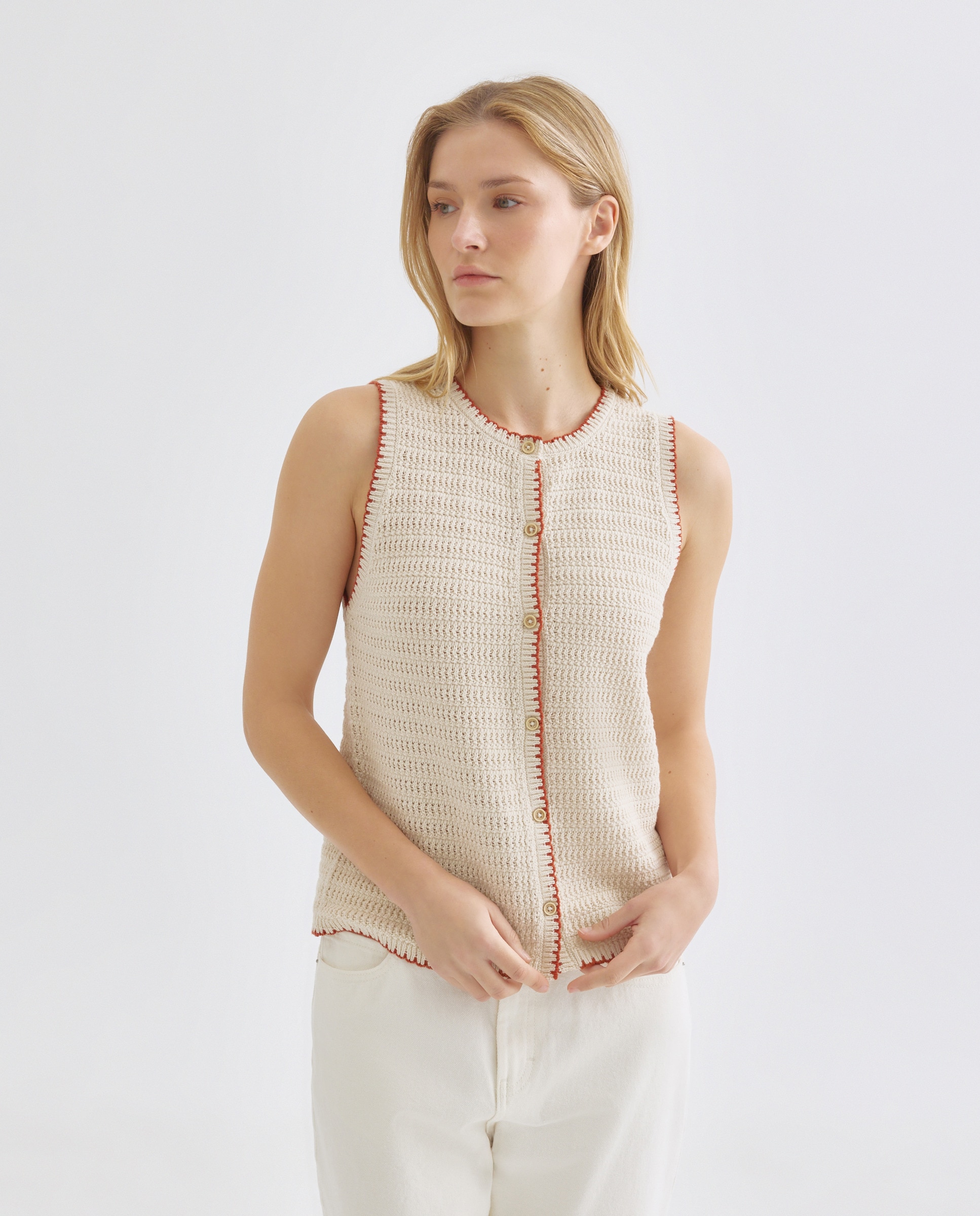 Top de mujer de algodón con contrastes 120 Crudo-1