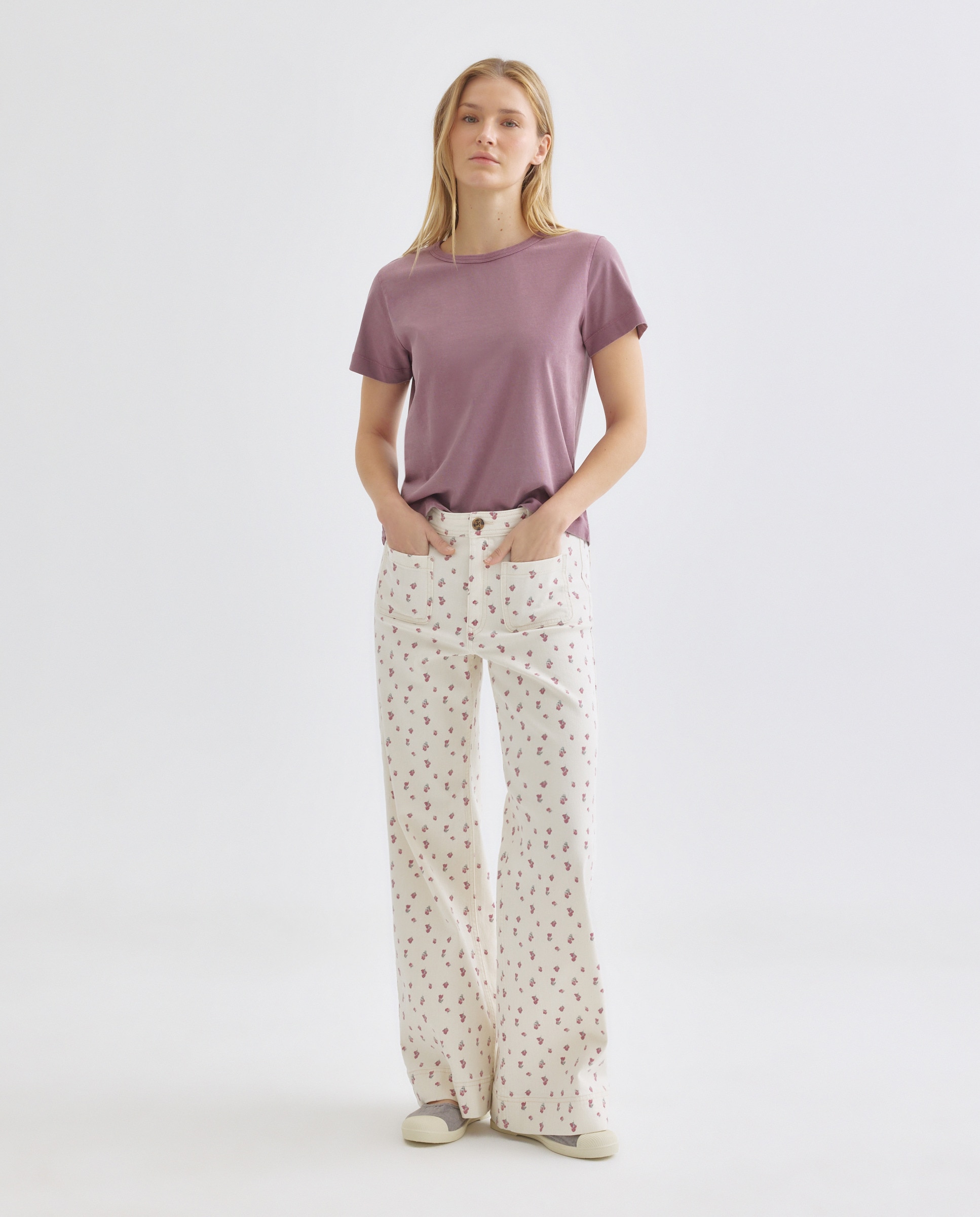 Camiseta de mujer efecto lavado cuello caja 291 Berenjena-2