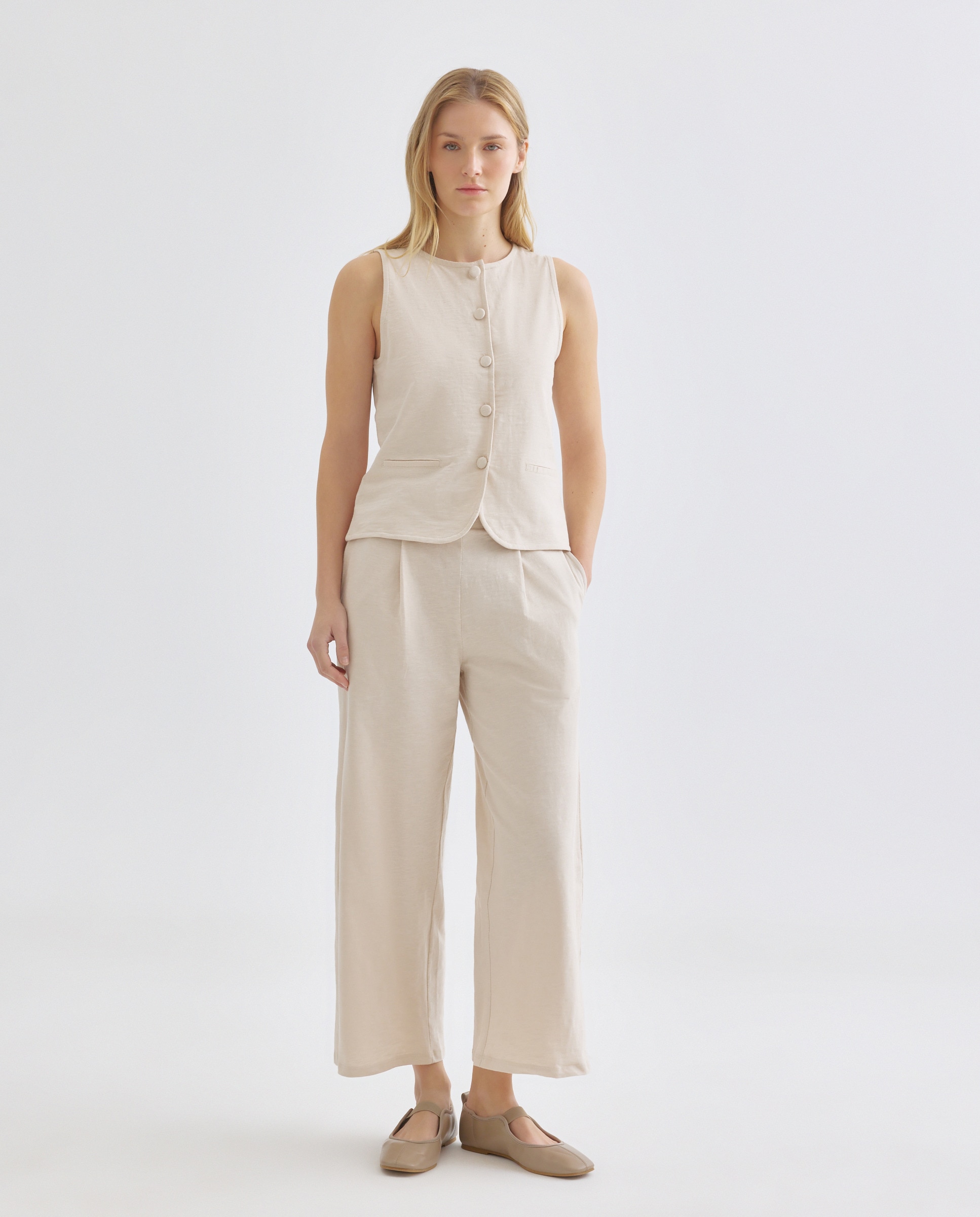 Chaleco de mujer de algodón cuello caja abotonado Beige-2