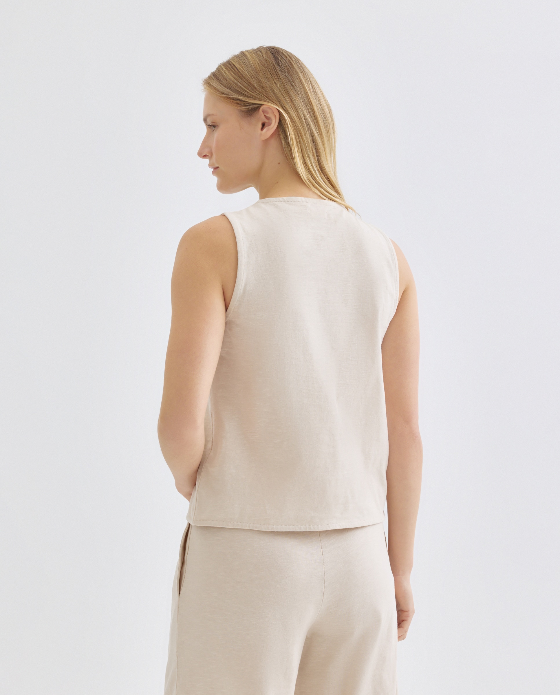 Chaleco de mujer de algodón cuello caja abotonado Beige-3