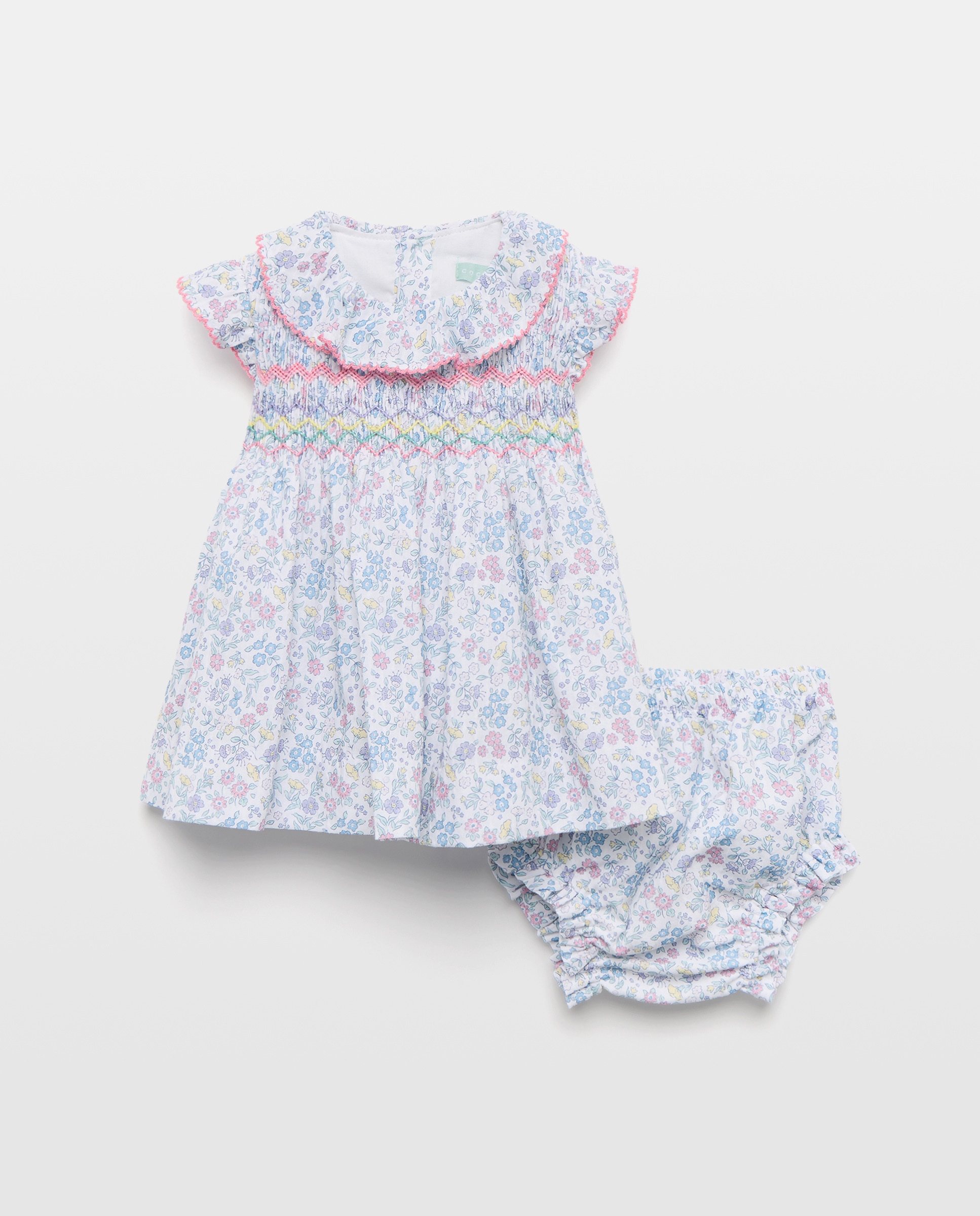 Vestido sem Mangas de Bebé com Favos de Mel e Estampado Floral Rosa-1