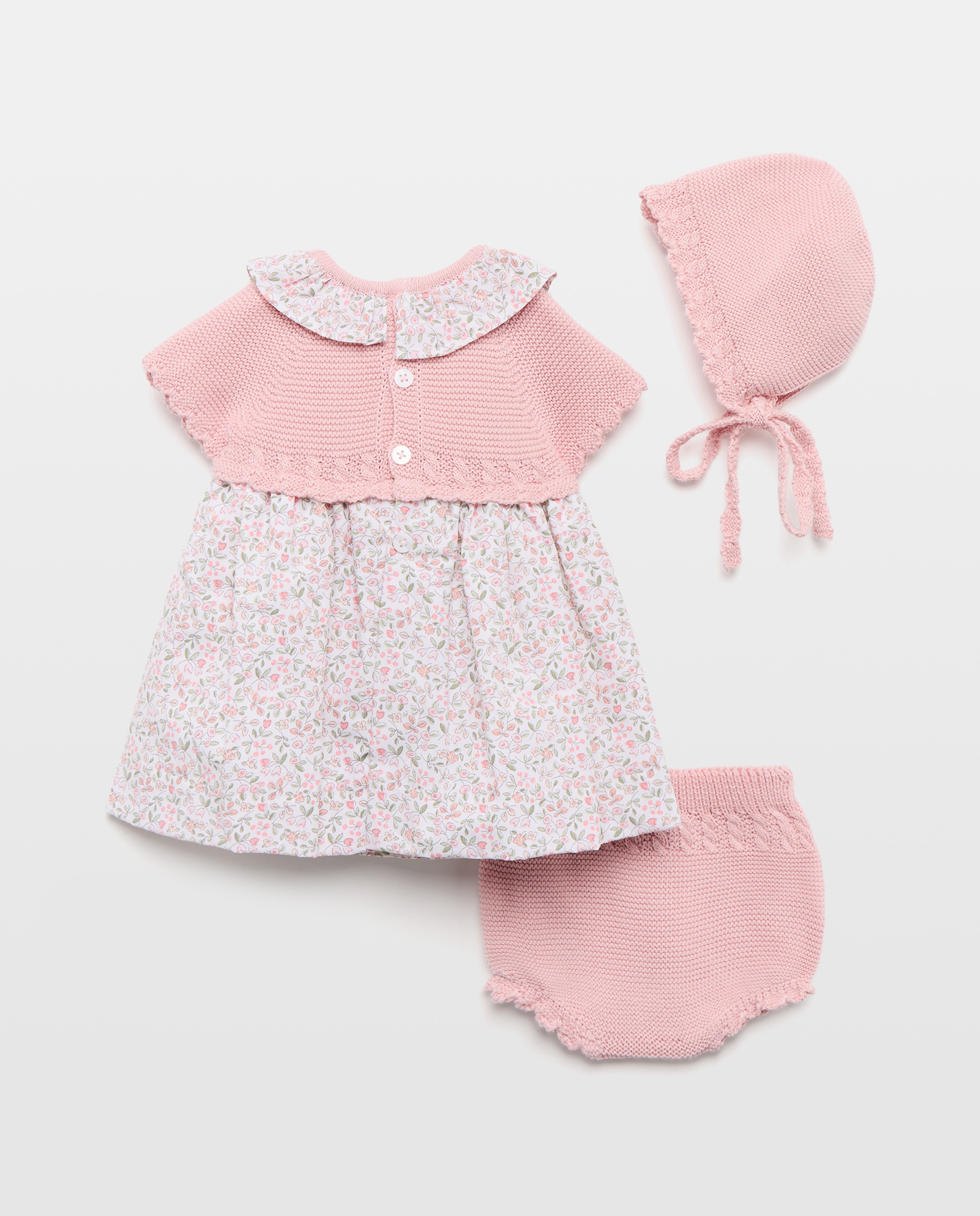 Cueiro de Tricot de Comprimento Médio de Bebé com Manga Curta, Fantasia de Malha do Cabo e Tecido Plano Estampado com Gola e Touca Coconut El Corte Inglés Rosa-2