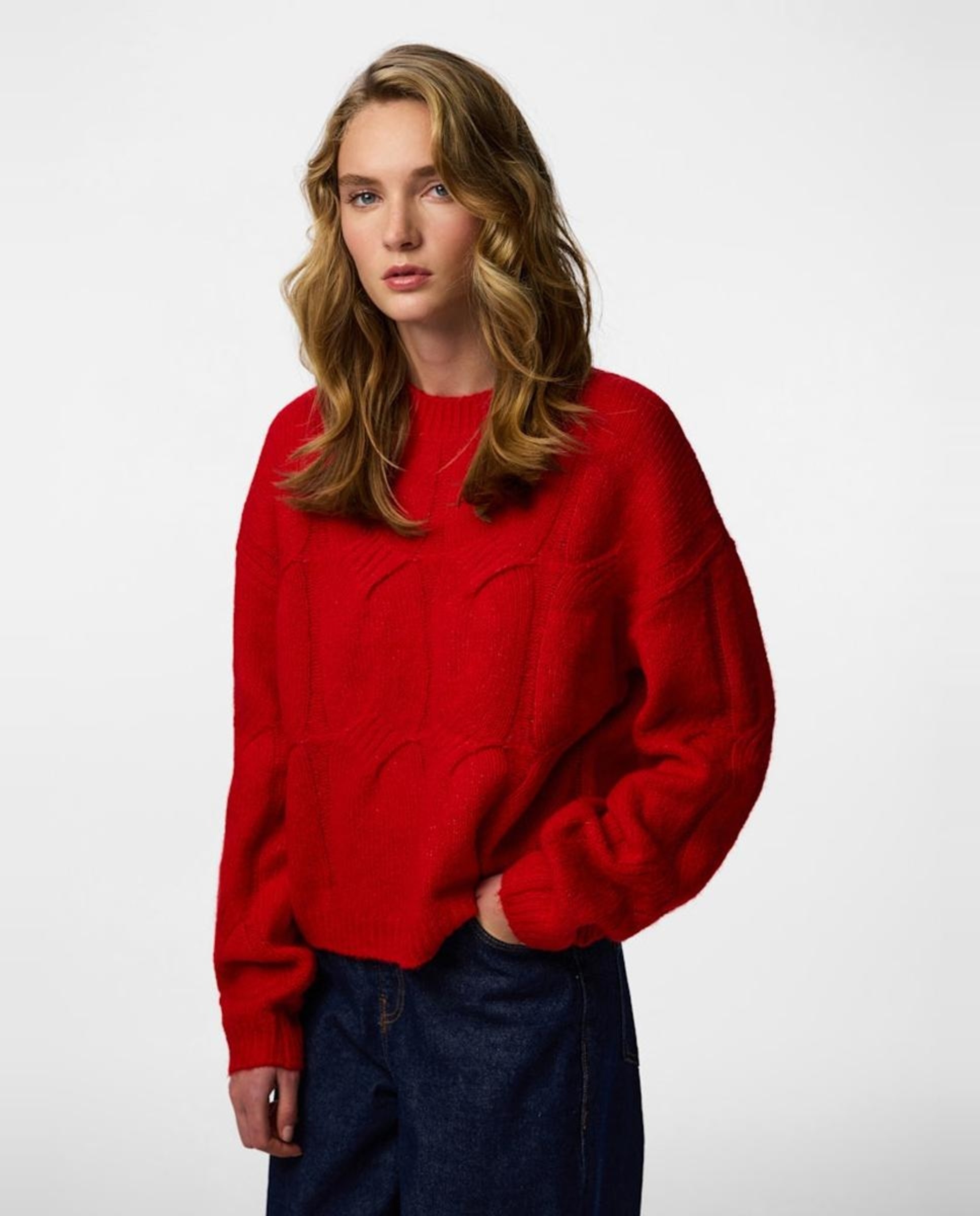 Camisola de Malha com Decote Redondo Vermelho-1