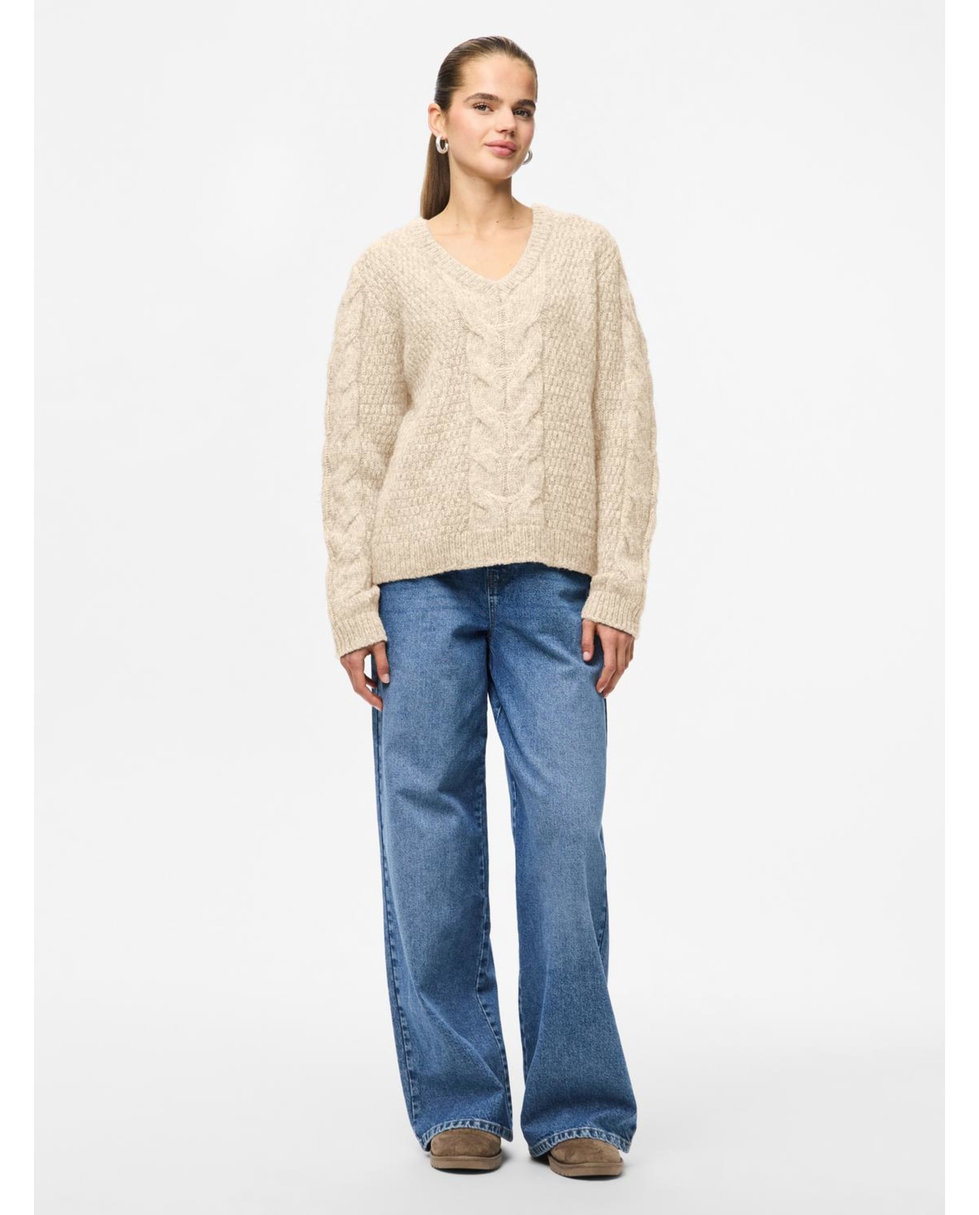 Camisola de Malha com Decote em Bico e Tranças Bege-6