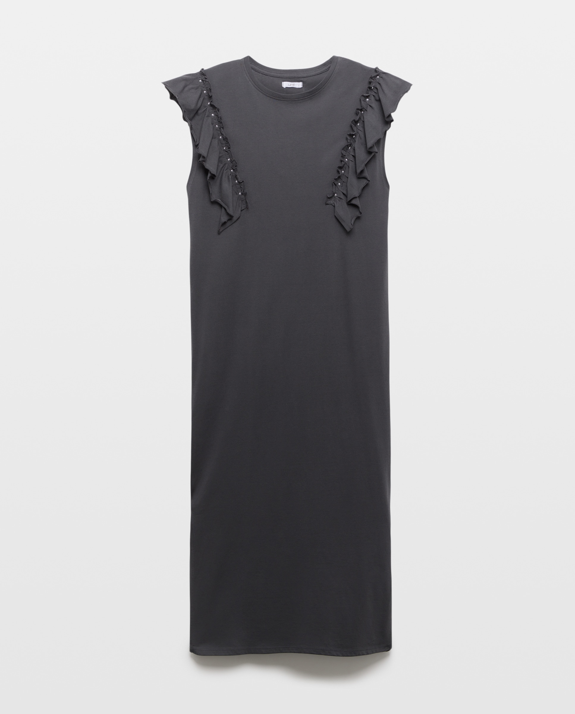 Vestido de mujer cuello caja con volantes y tachuelas Plomo-4
