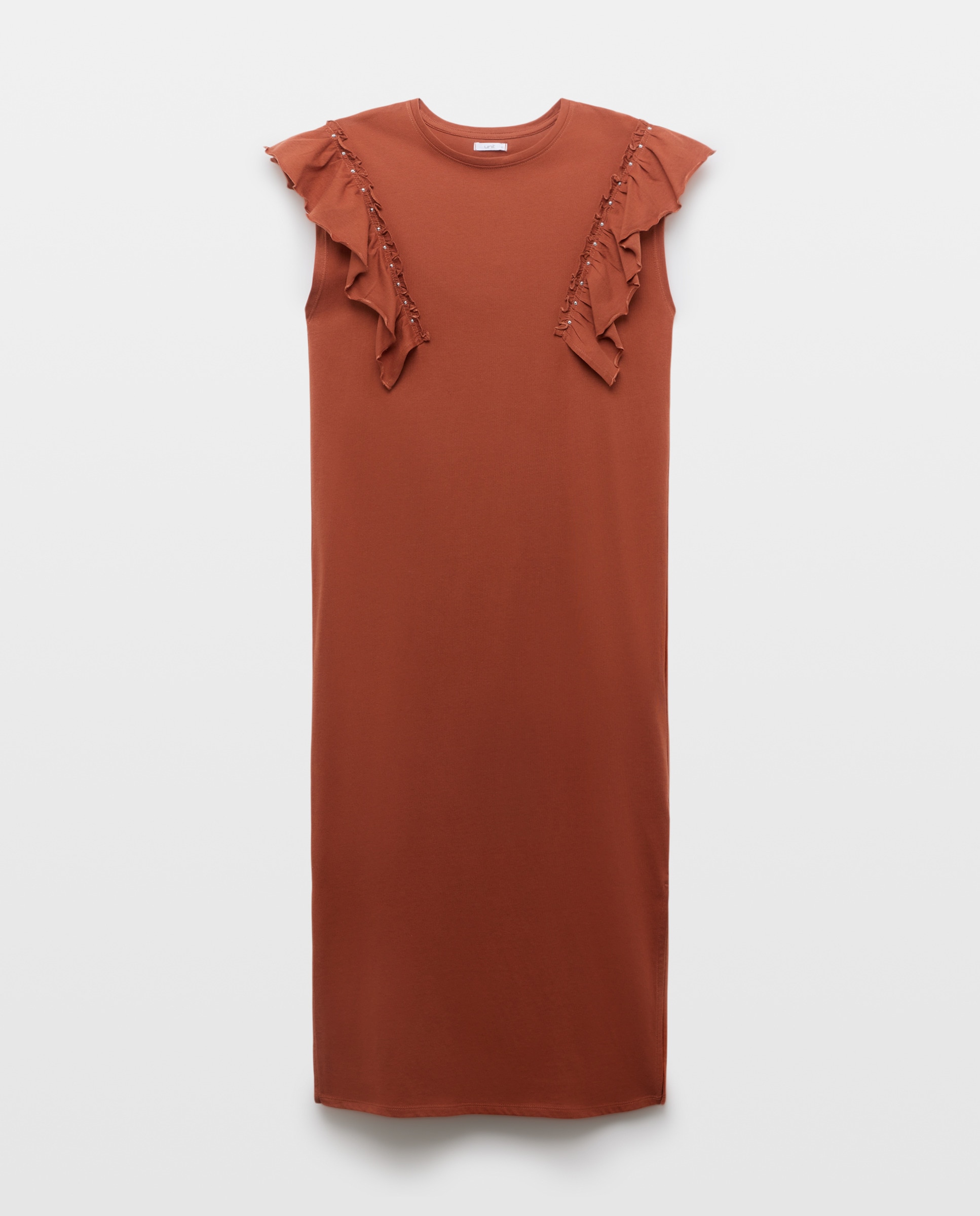 Vestido de mujer cuello caja con volantes y tachuelas Naranja quemado-4