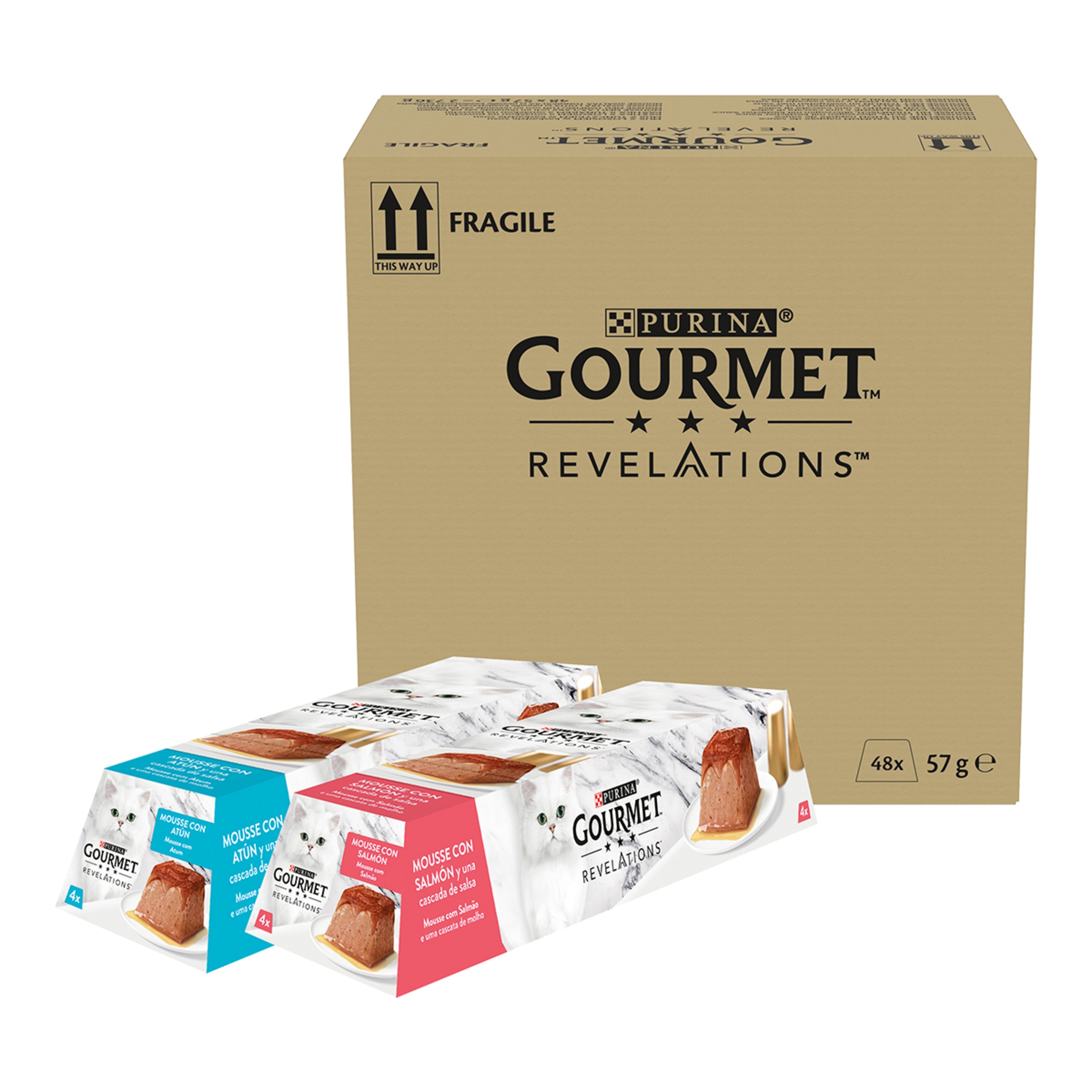 Imagen 0 de Comida húmeda para gatos adultos Purina Gourmet Revelations Mousse salmón y atun 48 x 57 g
